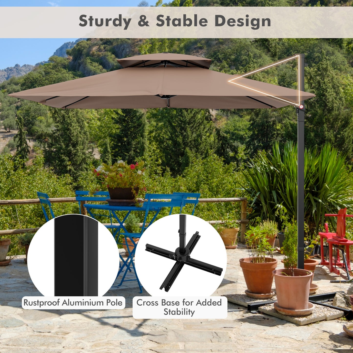 9.5 Feet Cantilever Patio Umbrella with 360° Rotation and Double Top-Coffee (Assembled)