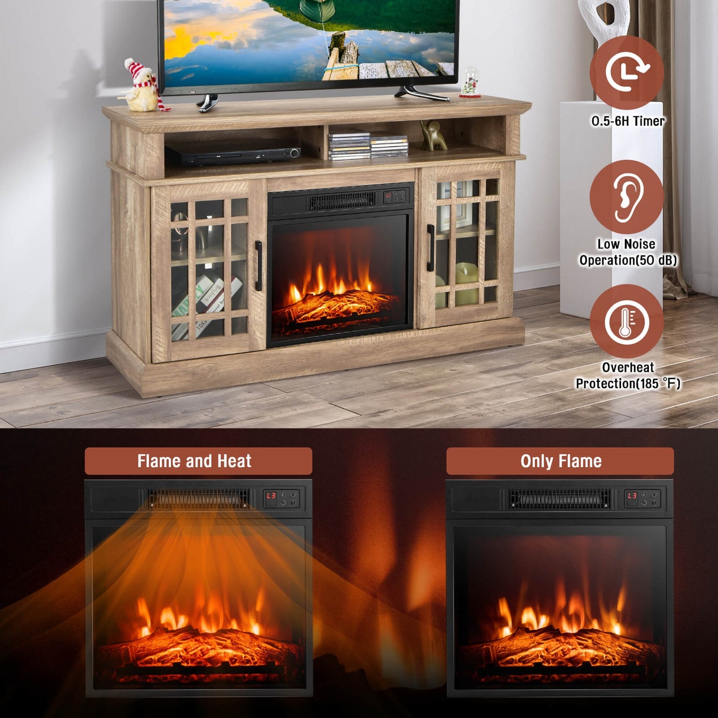 48 Inch Electric Fireplace TV Stand with Cabinets for TVs Up to 55 Inch-Natural*fully assembled*