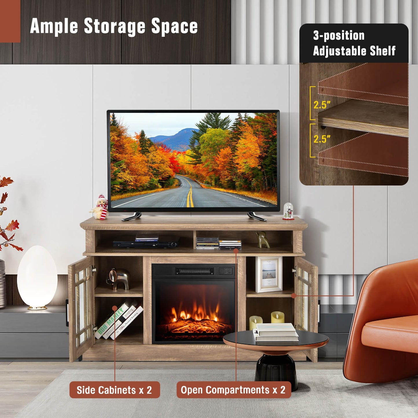 48 Inch Electric Fireplace TV Stand with Cabinets for TVs Up to 55 Inch-Natural*fully assembled*