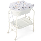 Folding Baby Changing Table with Bathtub and 4 Universal Wheels-White