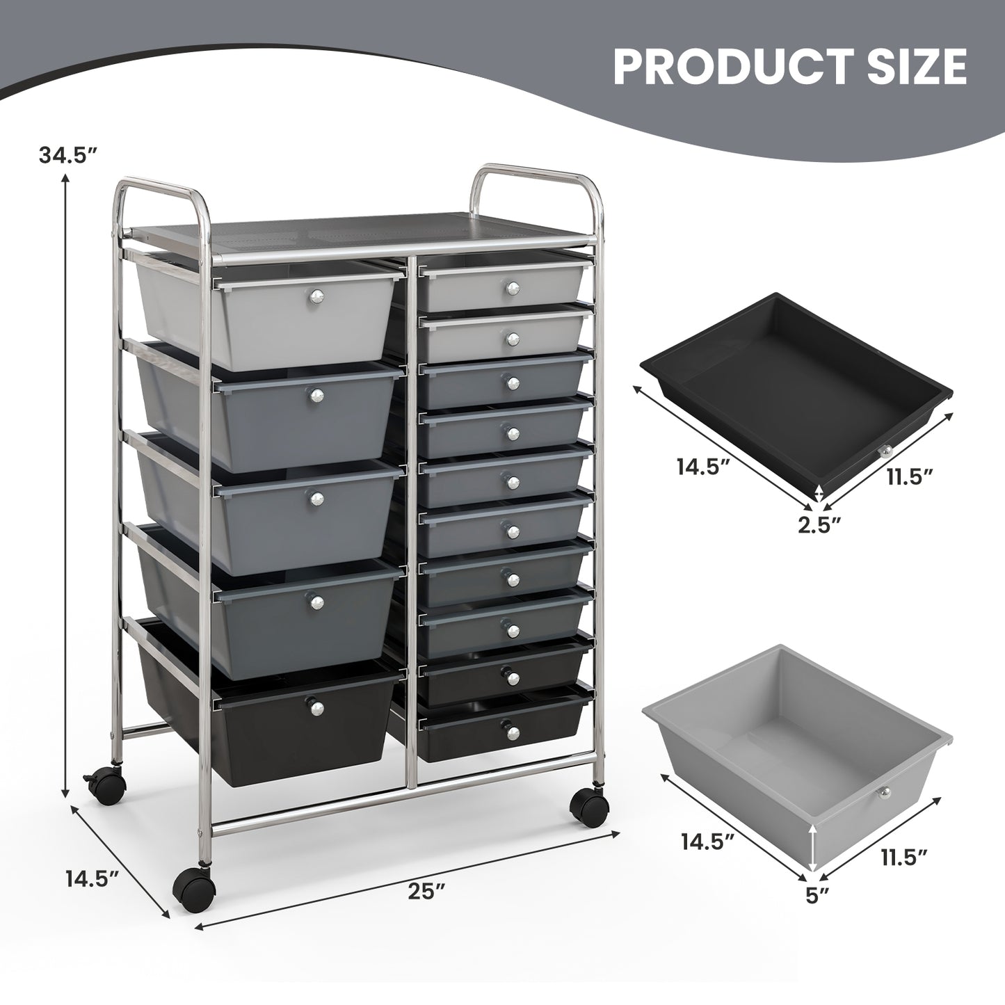15-Drawer Utility Rolling Organizer Cart Multi-Use Storage-Black & Gray (Scratch and Dent)