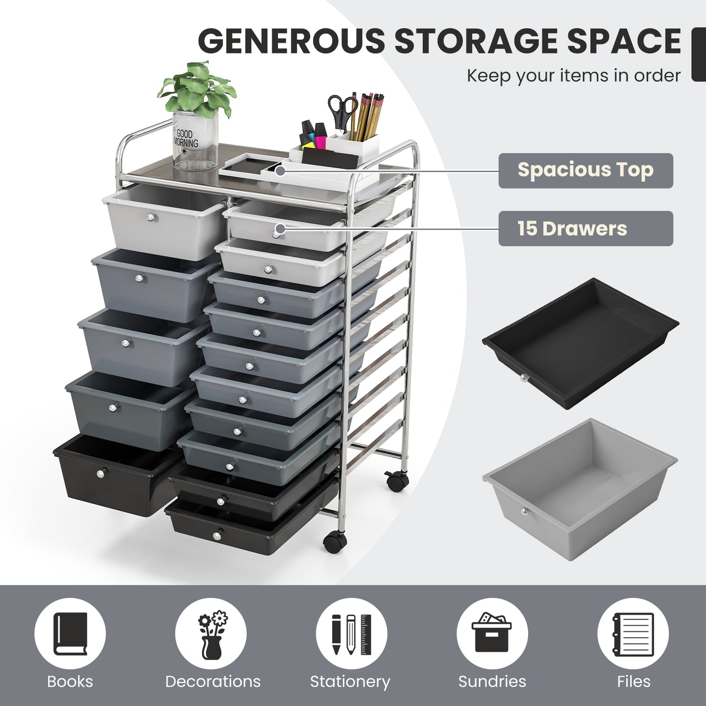 15-Drawer Utility Rolling Organizer Cart Multi-Use Storage-Black & Gray (Scratch and Dent)
