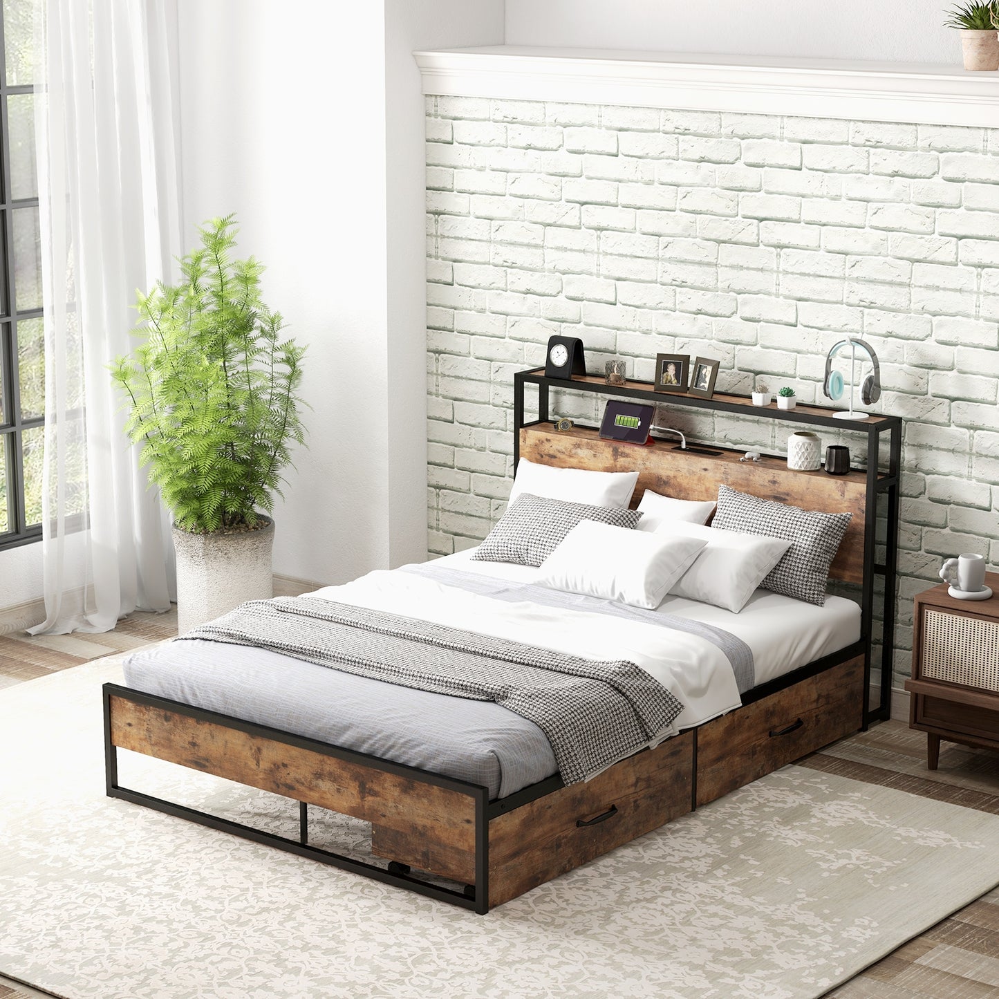 Full Size Bed Frame with 2-Tier Storage Headboard and Charging Station (1 Box, Unassembled)