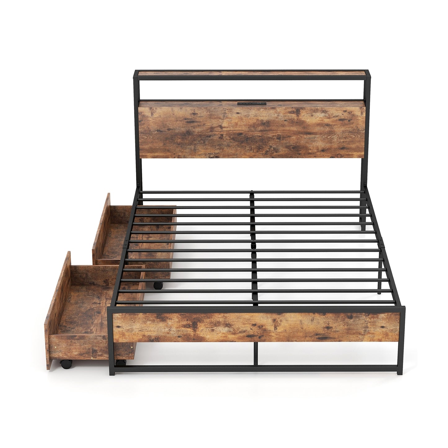 Full Size Bed Frame with 2-Tier Storage Headboard and Charging Station (1 Box, Unassembled)