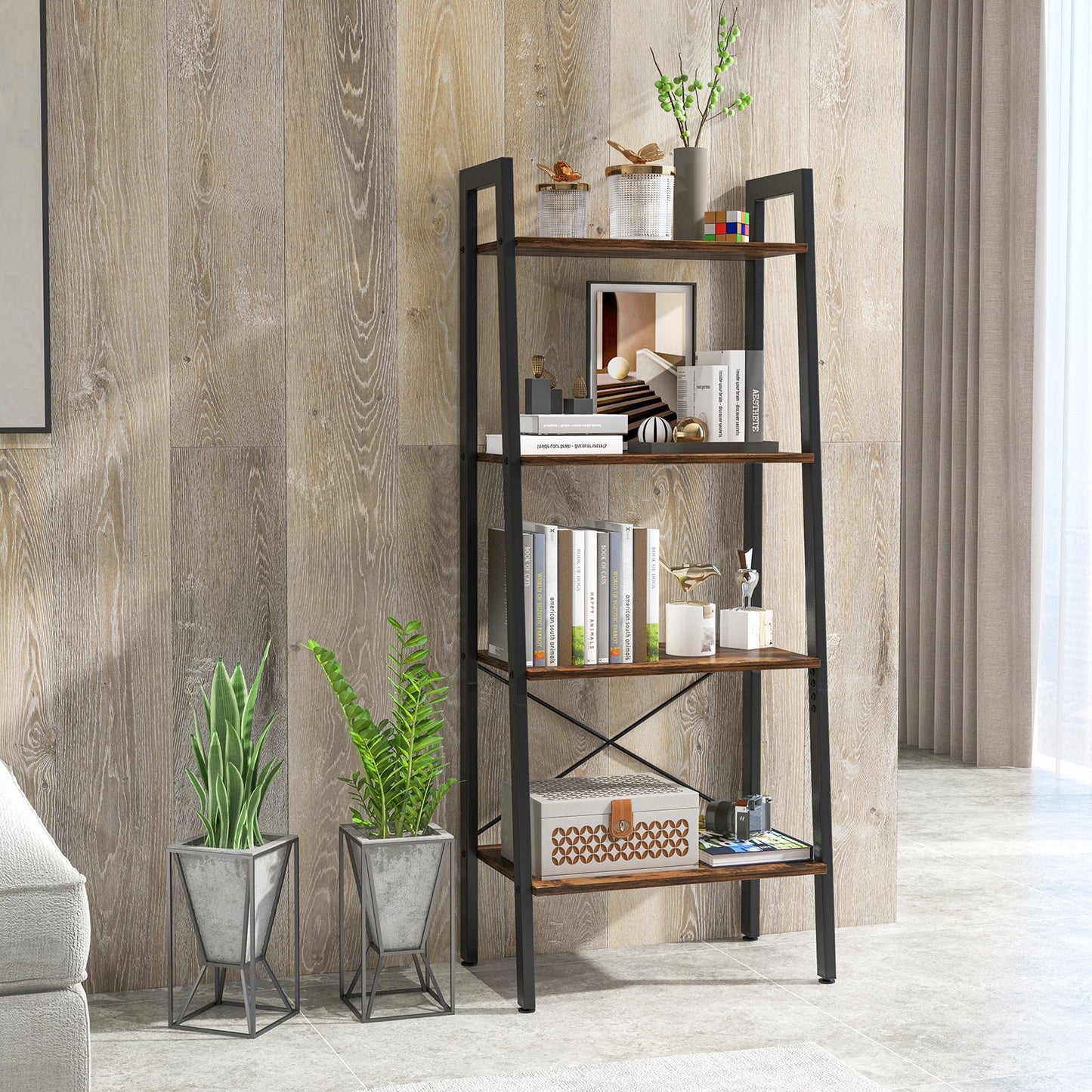 4-Tier Bookshelf with Metal Frame and Adjustable Foot Pads-Rustic Brown, Fully Assembled