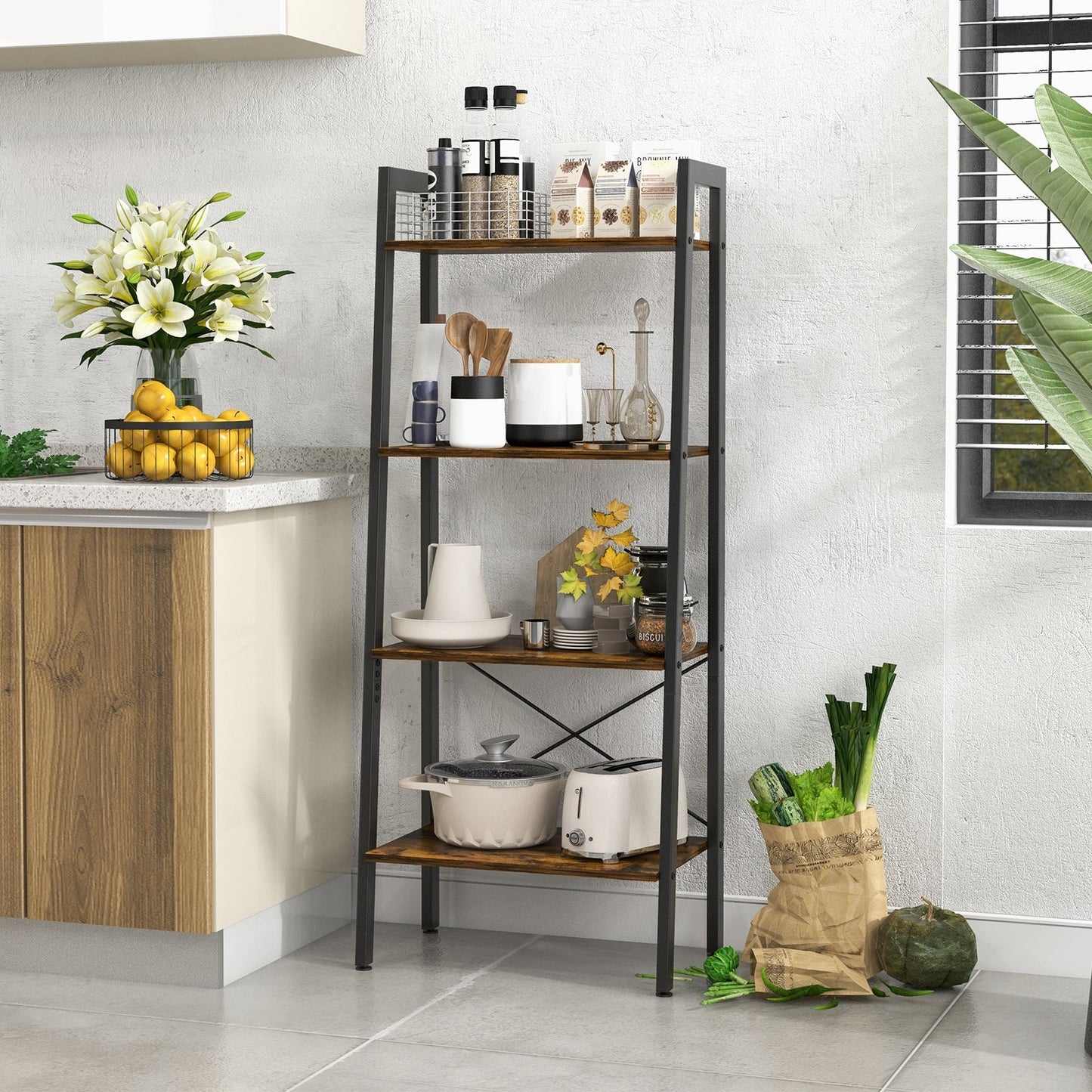 4-Tier Bookshelf with Metal Frame and Adjustable Foot Pads-Rustic Brown, Fully Assembled