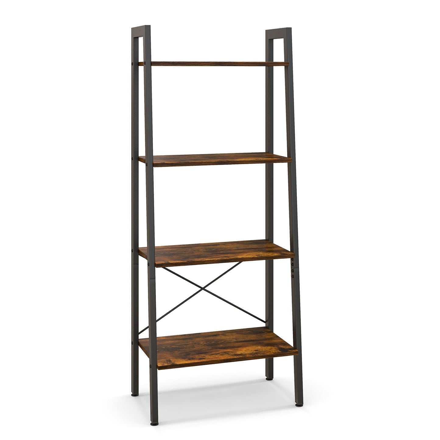 4-Tier Bookshelf with Metal Frame and Adjustable Foot Pads-Rustic Brown, Fully Assembled