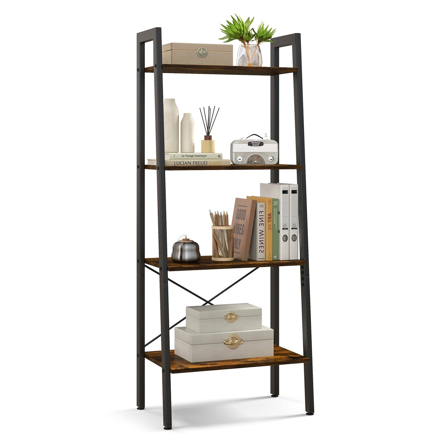 4-Tier Bookshelf with Metal Frame and Adjustable Foot Pads-Rustic Brown, Fully Assembled
