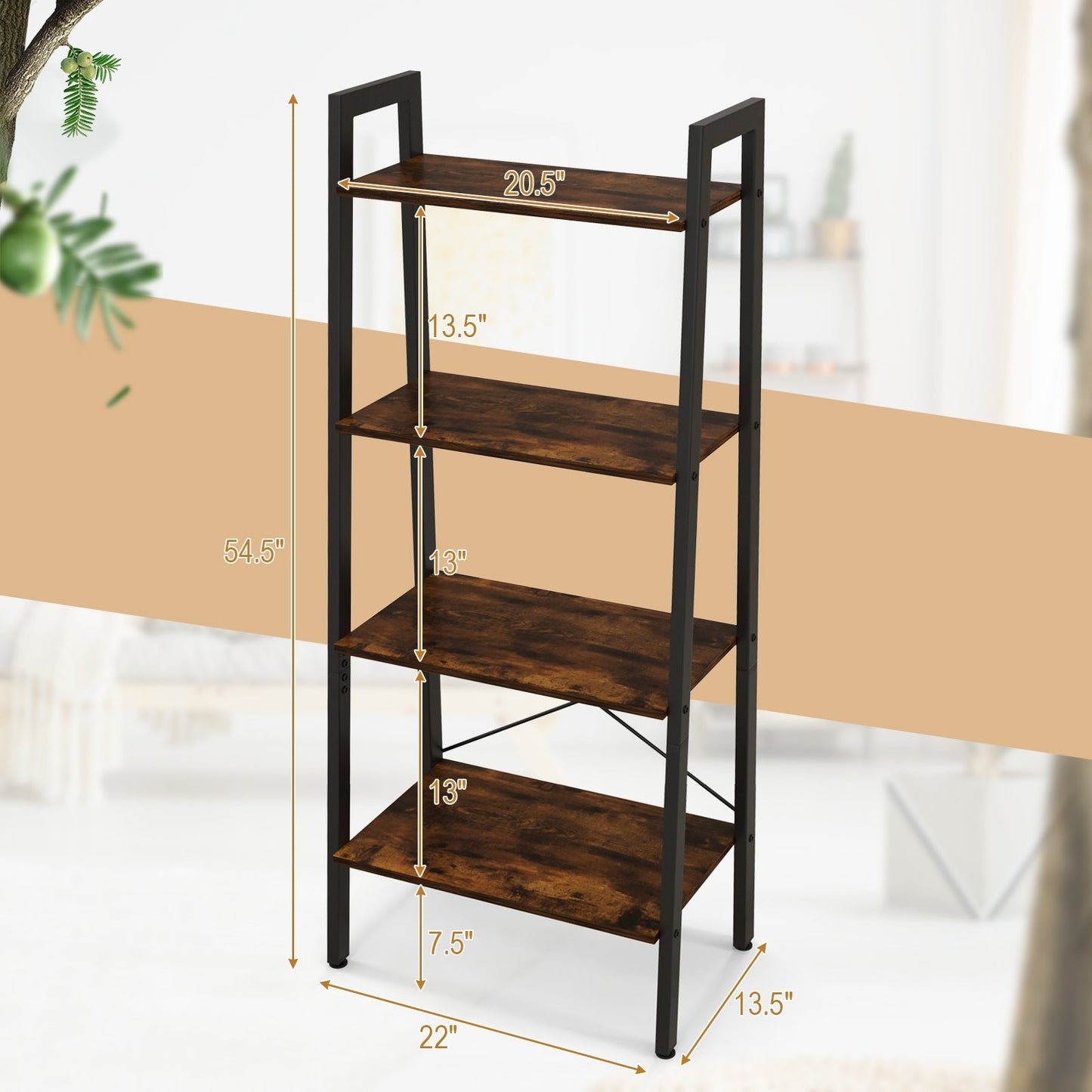 4-Tier Bookshelf with Metal Frame and Adjustable Foot Pads-Rustic Brown, Fully Assembled