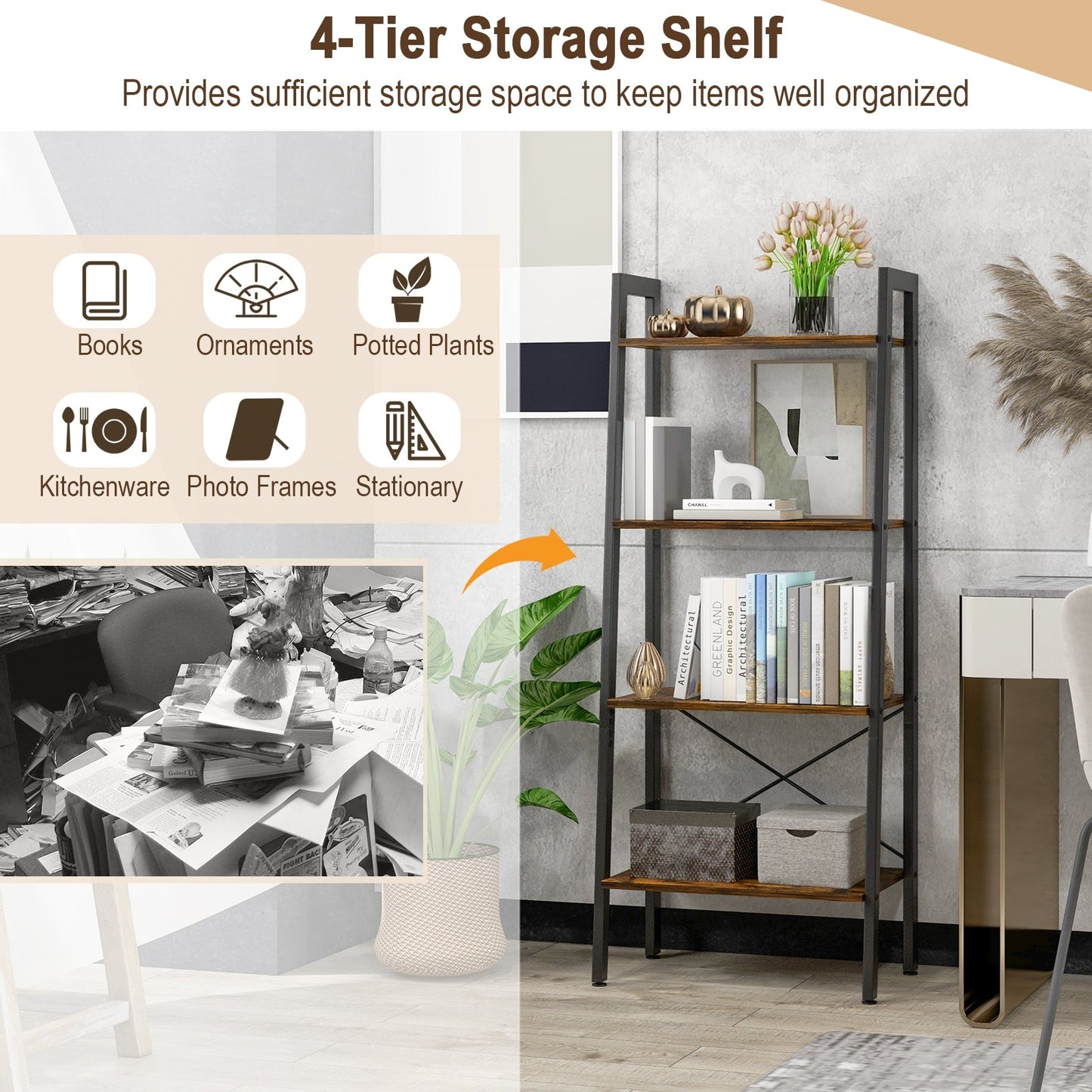4-Tier Bookshelf with Metal Frame and Adjustable Foot Pads-Rustic Brown, Fully Assembled