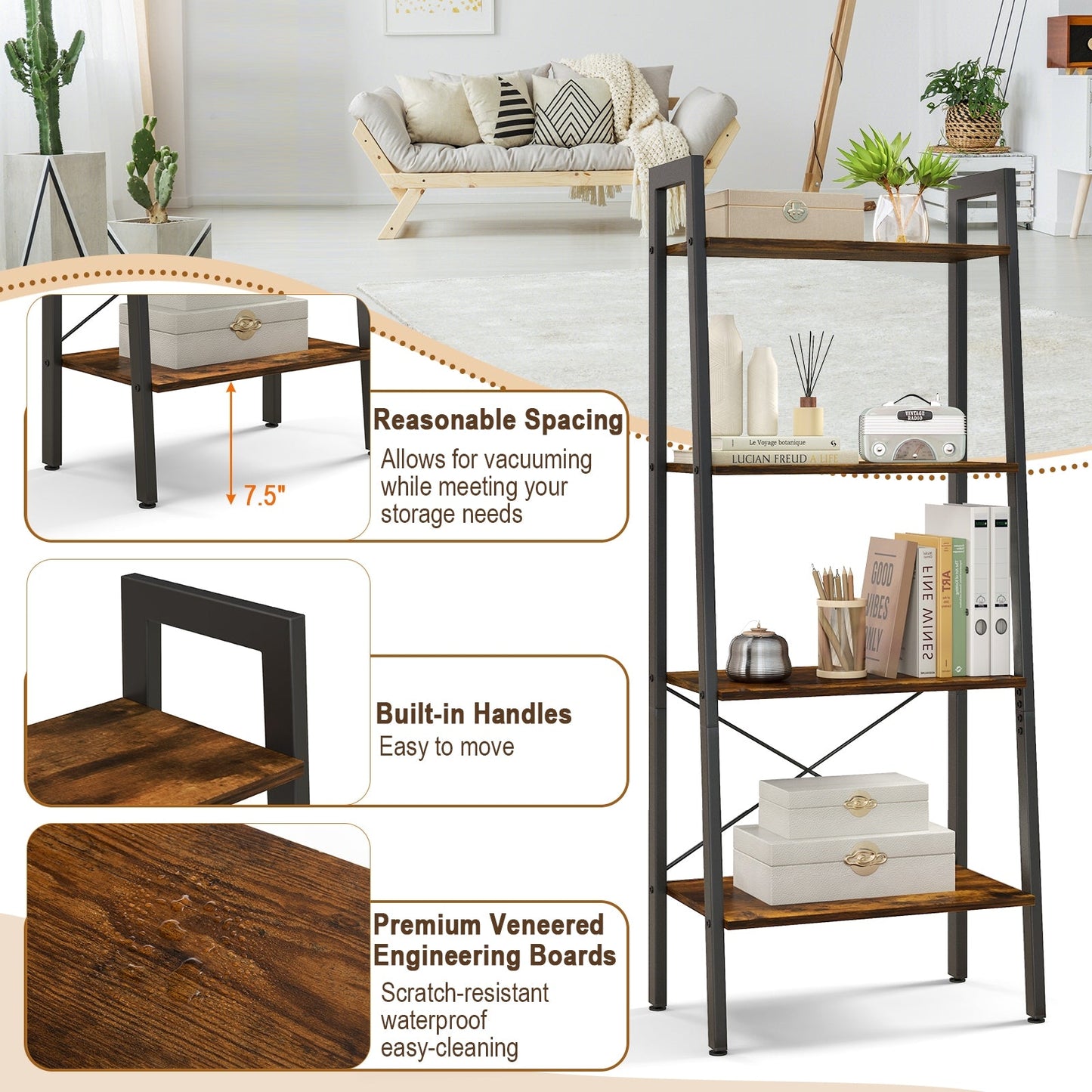 4-Tier Bookshelf with Metal Frame and Adjustable Foot Pads-Rustic Brown, Fully Assembled