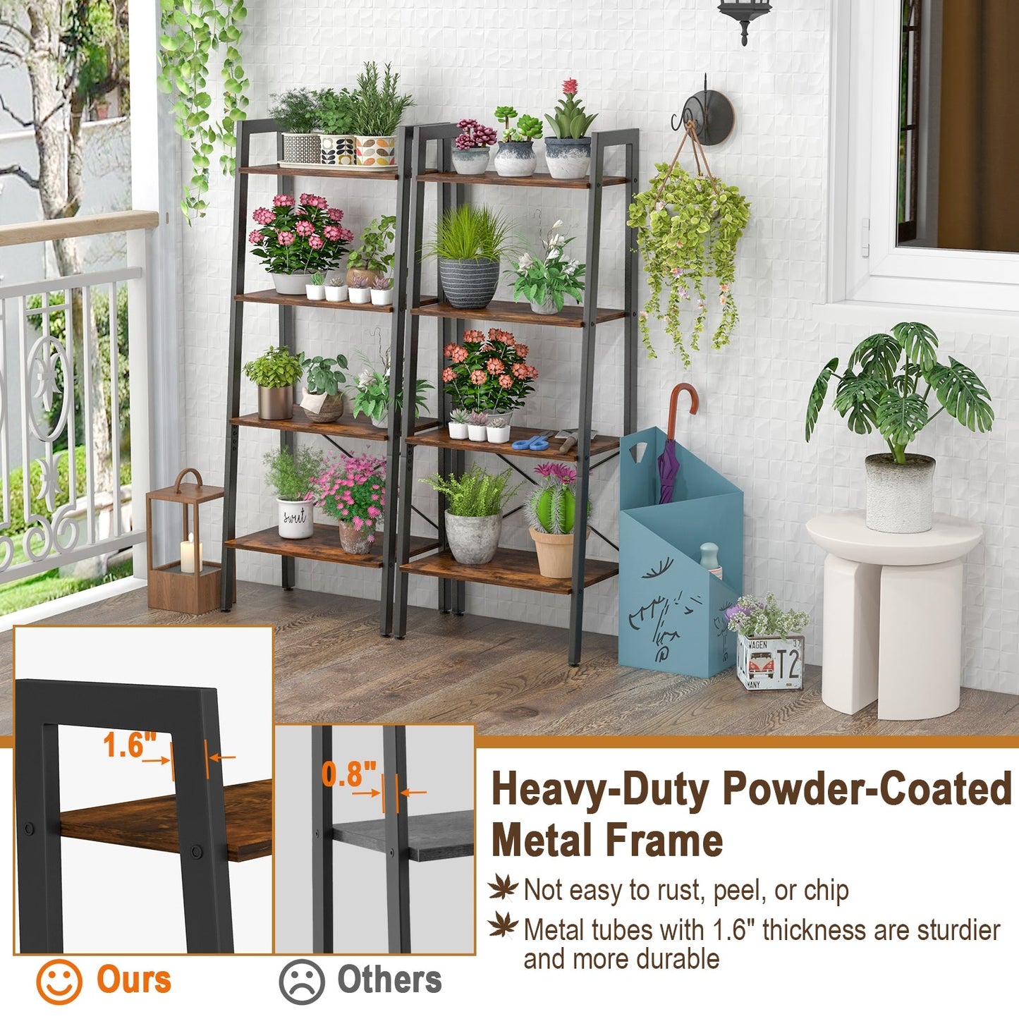 4-Tier Bookshelf with Metal Frame and Adjustable Foot Pads-Rustic Brown, Fully Assembled