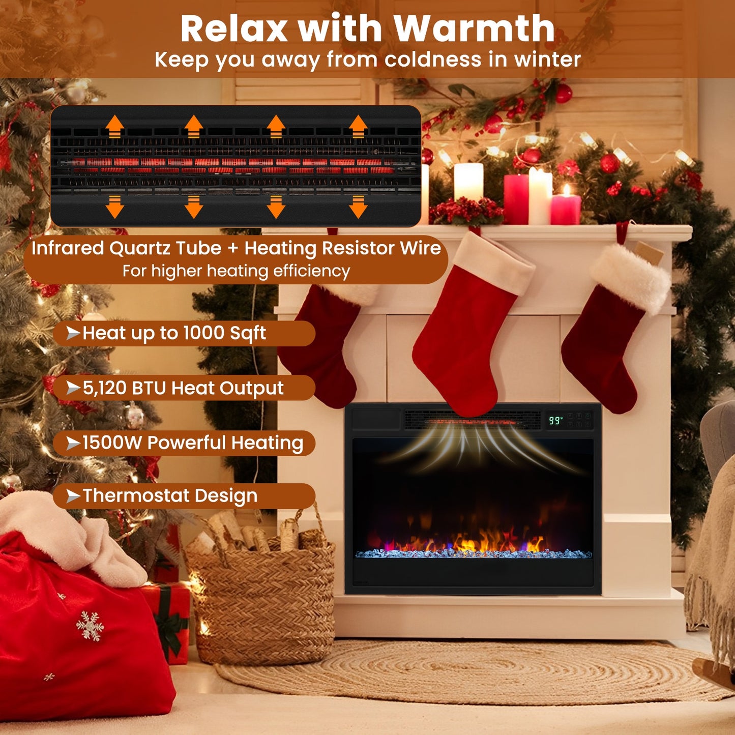 23 Inch 1500W Recessed Electric Fireplace Insert with Remote Control-Black