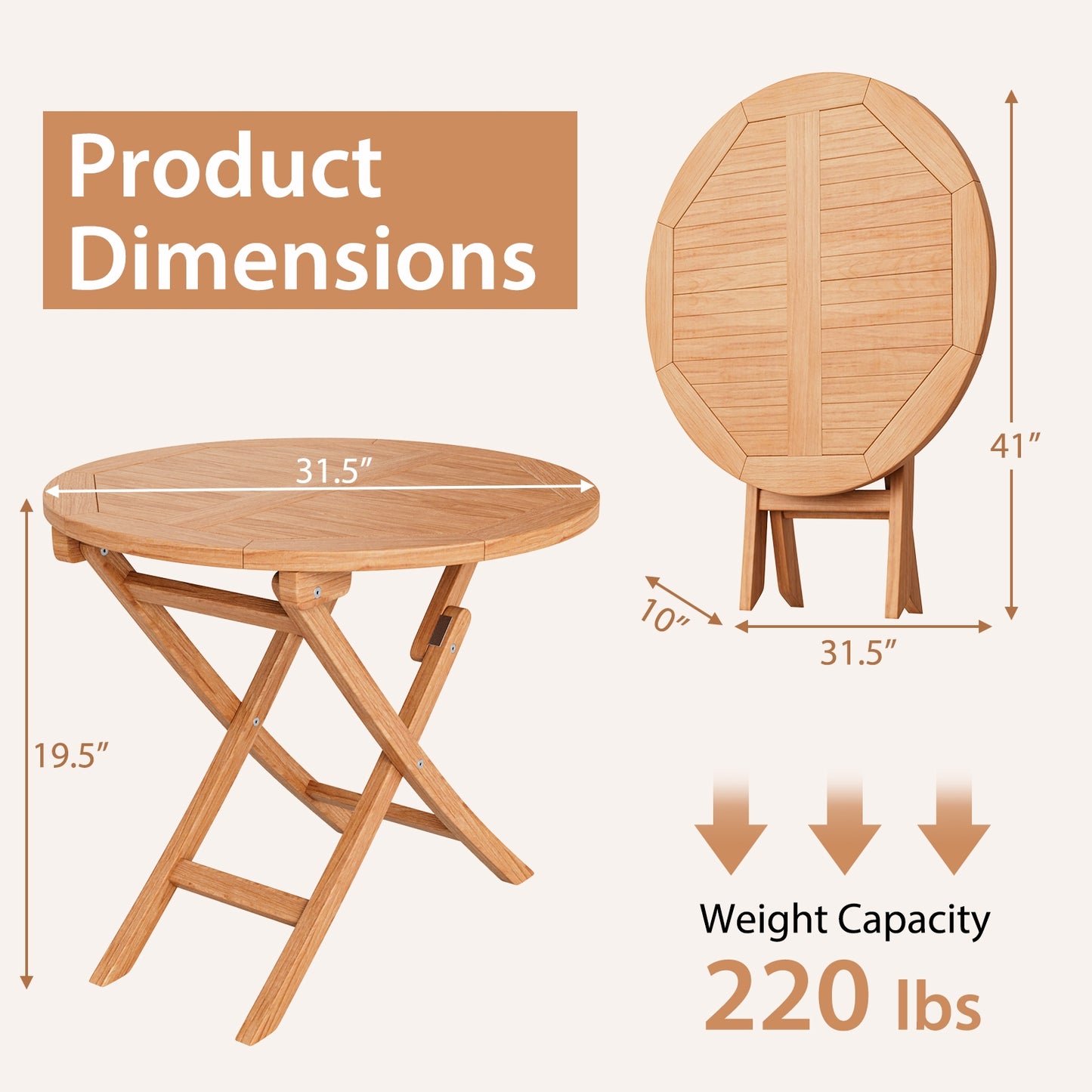 3 Piece Teak Bistro Set,  with 31.5 Inch Folding Patio Teak Wood, Fully Assembled