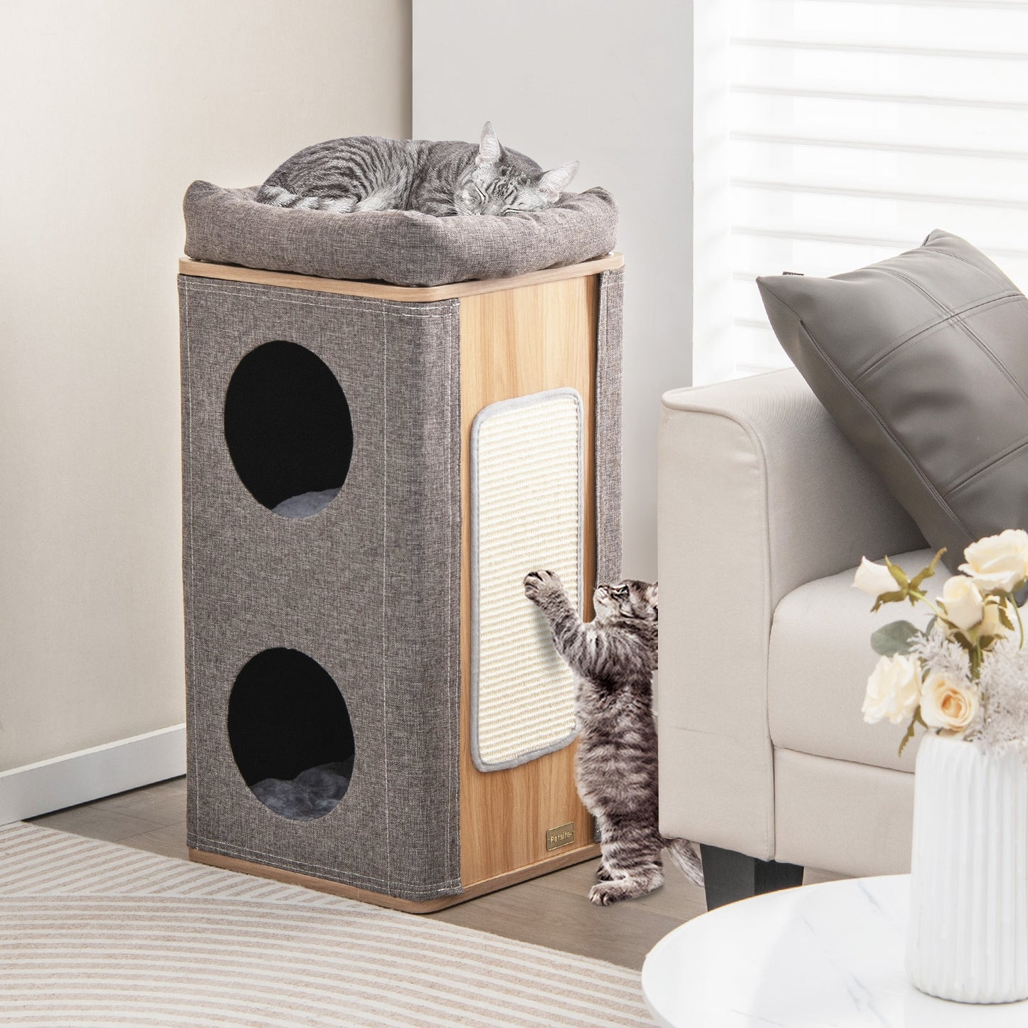 3-Story Cat House with Scratching Board for Indoor Cats, Fully Assembled