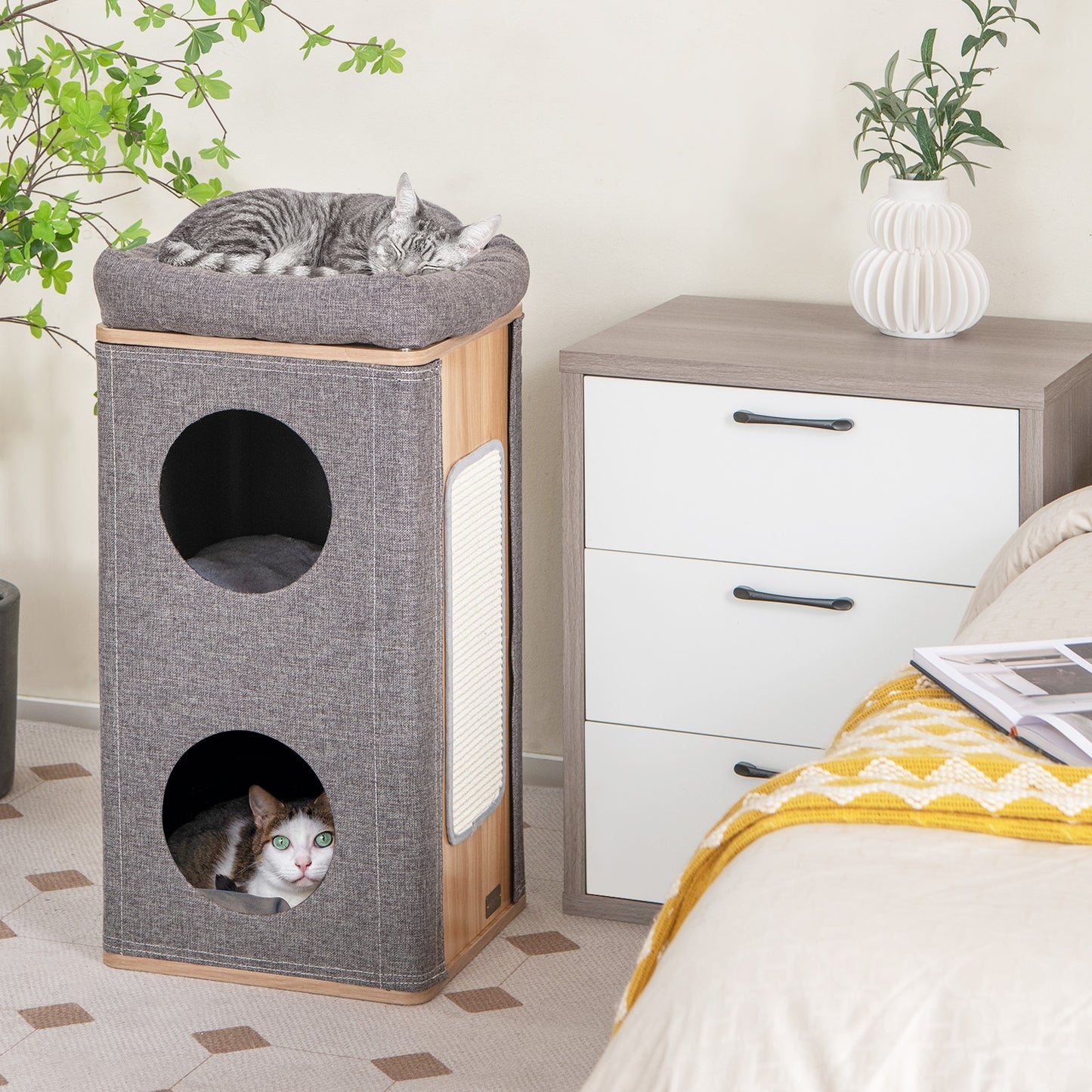 3-Story Cat House with Scratching Board for Indoor Cats, Fully Assembled