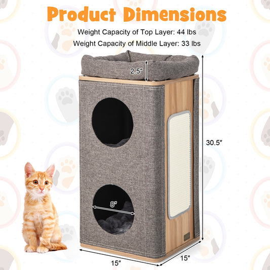 3-Story Cat House with Scratching Board for Indoor Cats, Fully Assembled