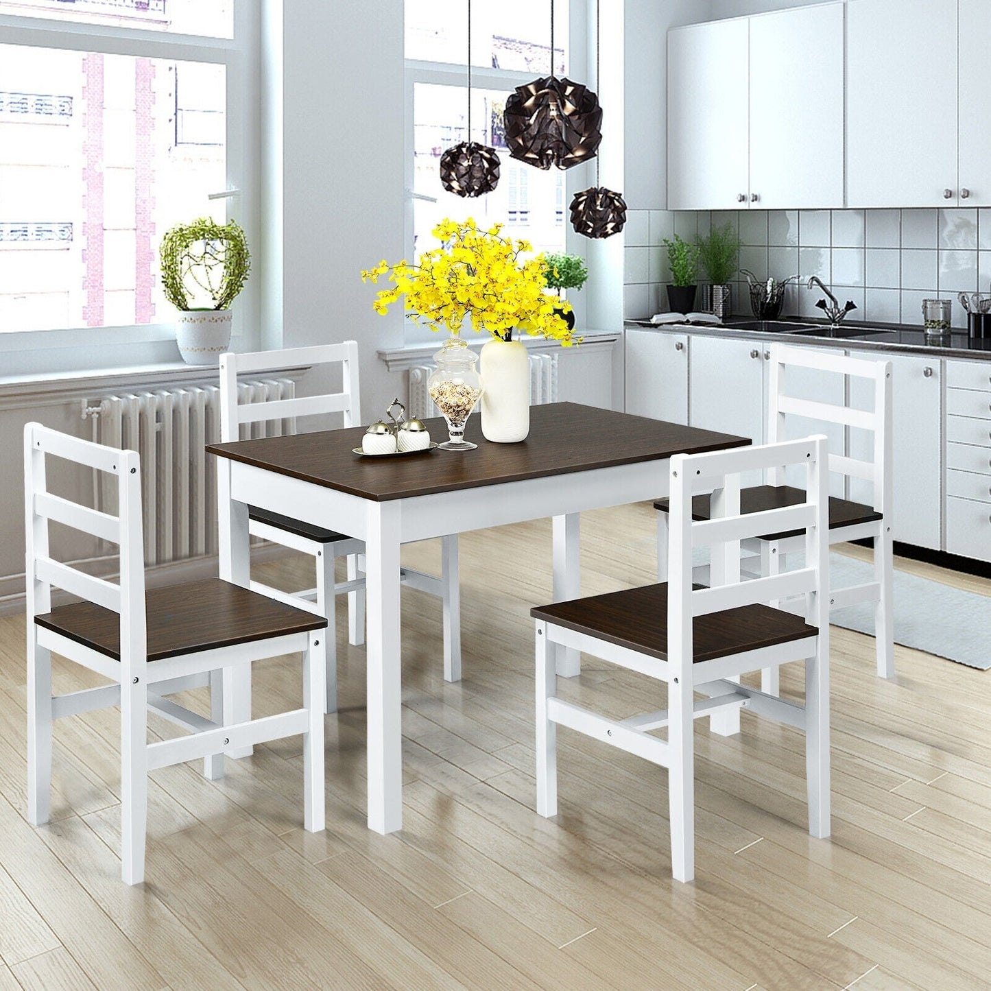 SPECIAL - 5 Pieces Solid Wood Compact Kitchen Dining Set-Walnut (See Description)