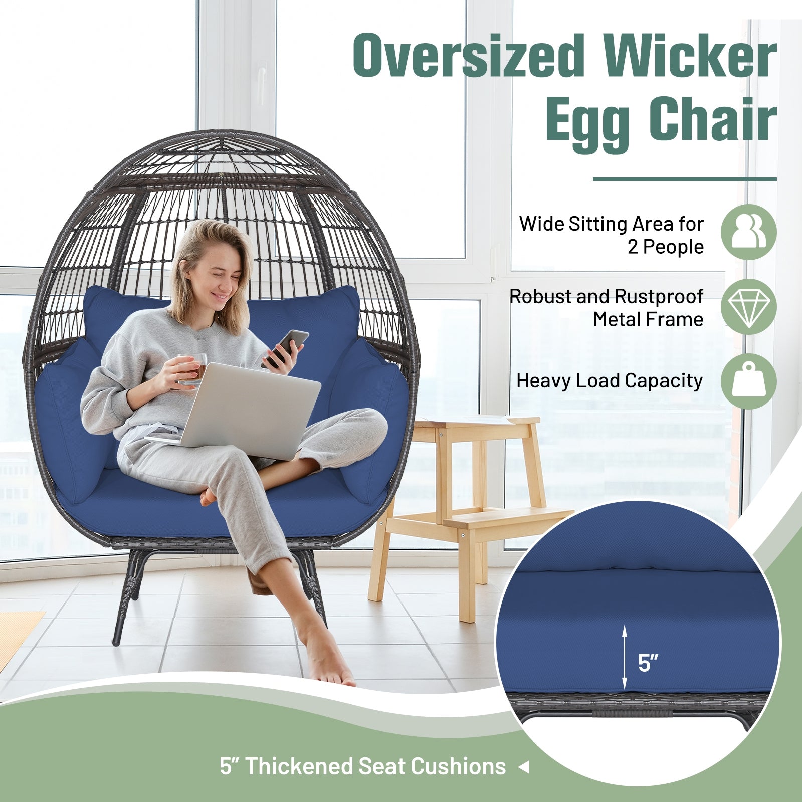 Oversized Patio Rattan Egg Lounge Chair with 4 Cushions-Navy, fully as ...