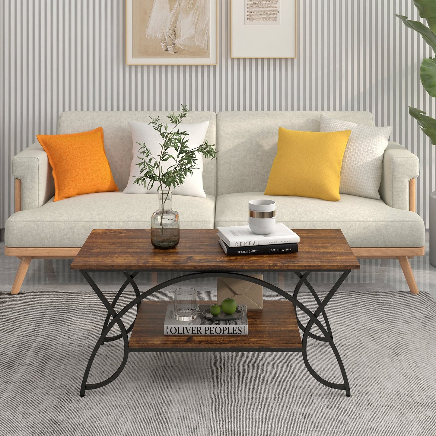 2-Tier Faux Marble Coffee Table with  Metal Frame-Rustic Brown - Scratch and Dent