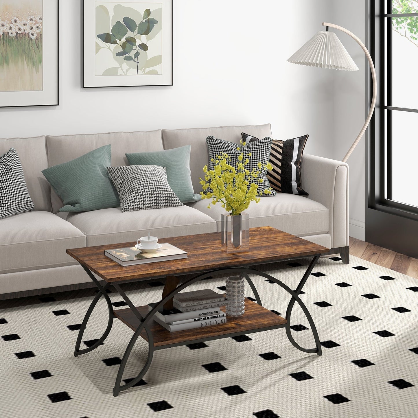 2-Tier Faux Marble Coffee Table with  Metal Frame-Rustic Brown - Scratch and Dent