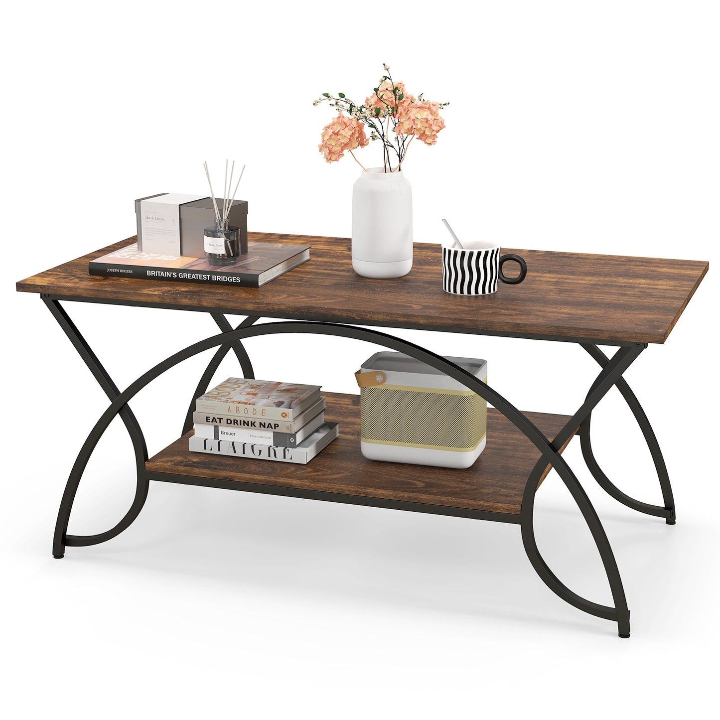 2-Tier Faux Marble Coffee Table with  Metal Frame-Rustic Brown - Scratch and Dent