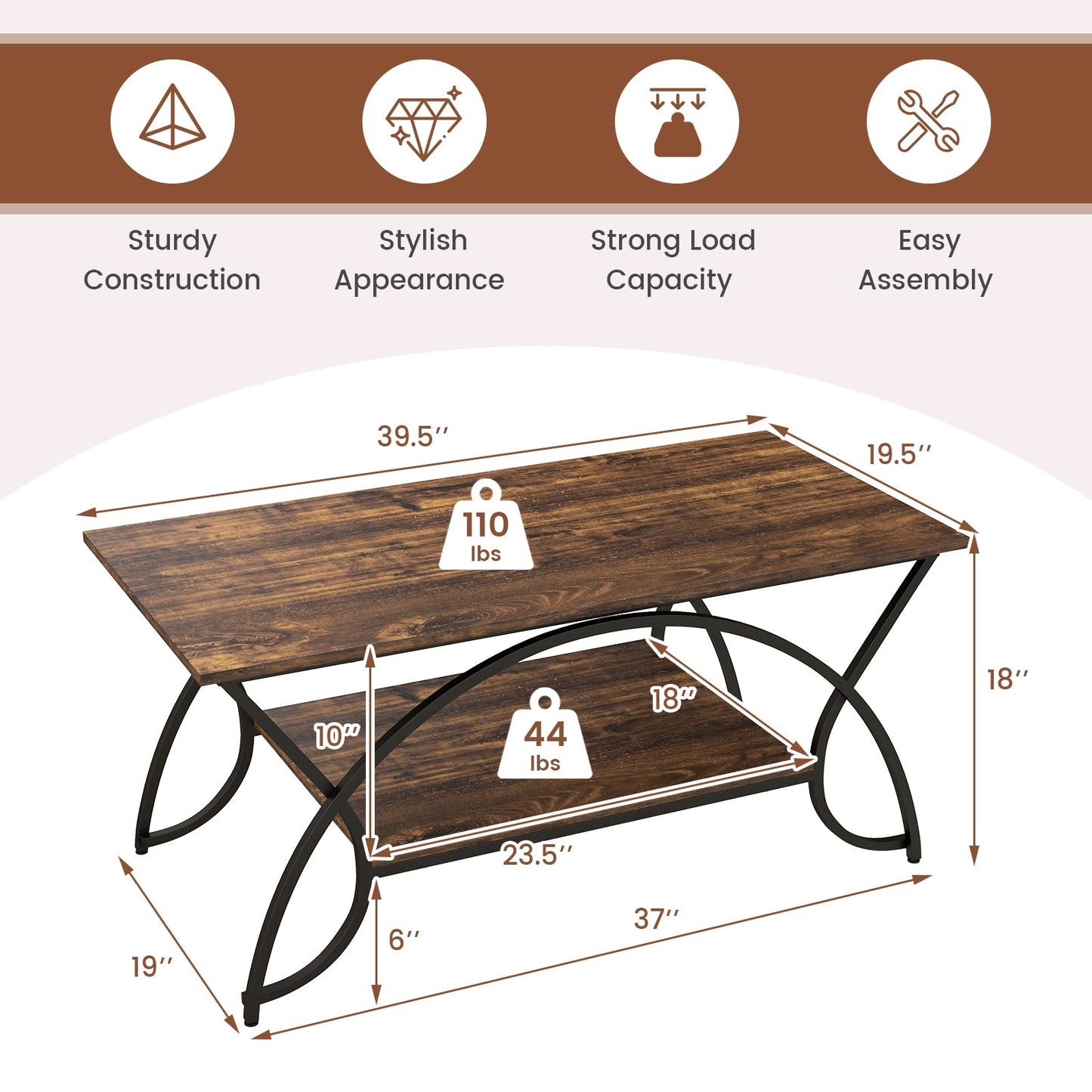 2-Tier Faux Marble Coffee Table with  Metal Frame-Rustic Brown - Scratch and Dent
