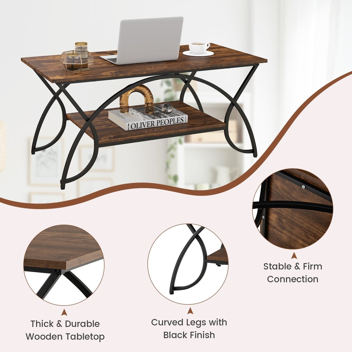 2-Tier Faux Marble Coffee Table with  Metal Frame-Rustic Brown - Scratch and Dent