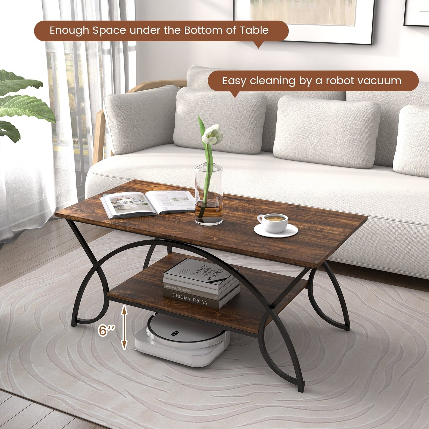 2-Tier Faux Marble Coffee Table with  Metal Frame-Rustic Brown - Scratch and Dent