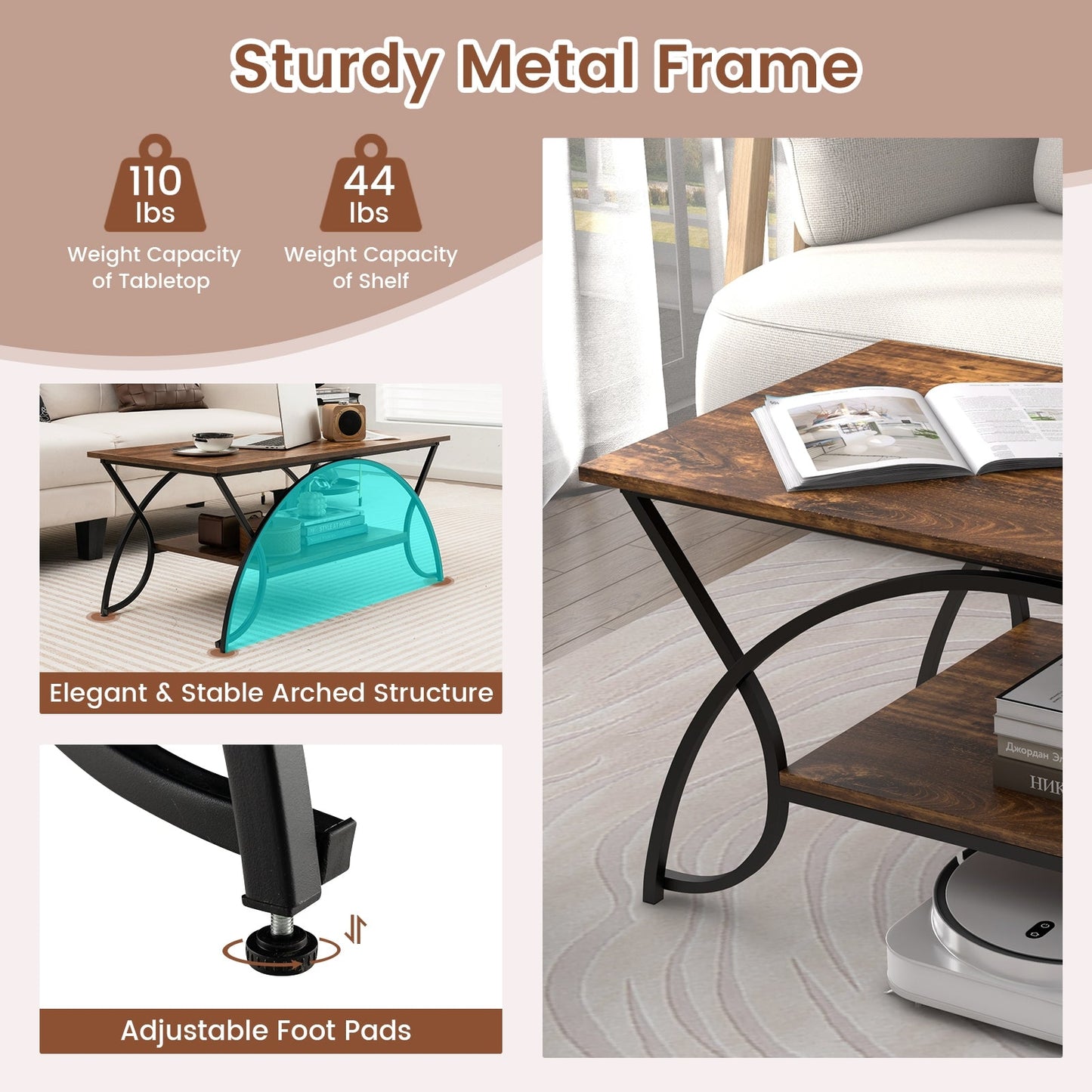 2-Tier Faux Marble Coffee Table with  Metal Frame-Rustic Brown - Scratch and Dent