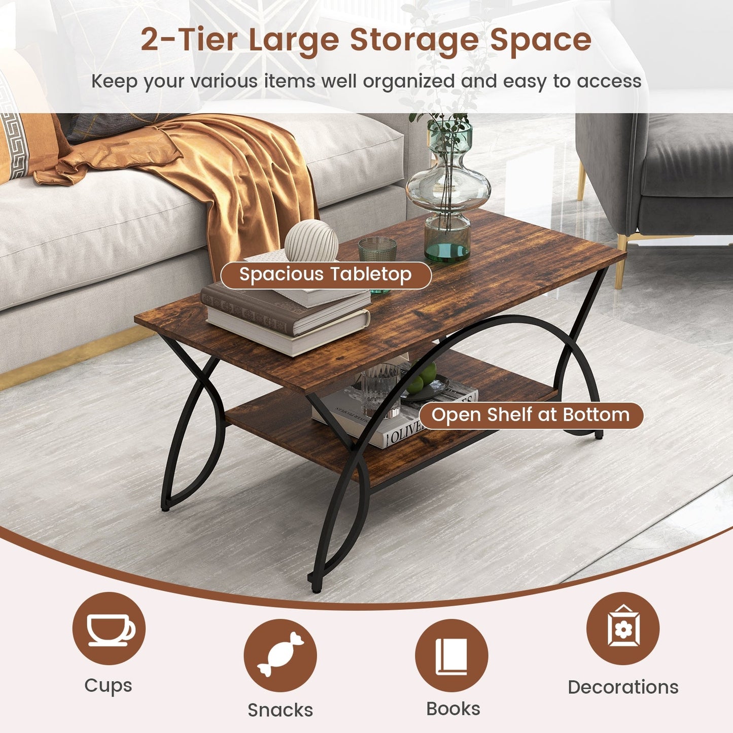 2-Tier Faux Marble Coffee Table with  Metal Frame-Rustic Brown - Scratch and Dent