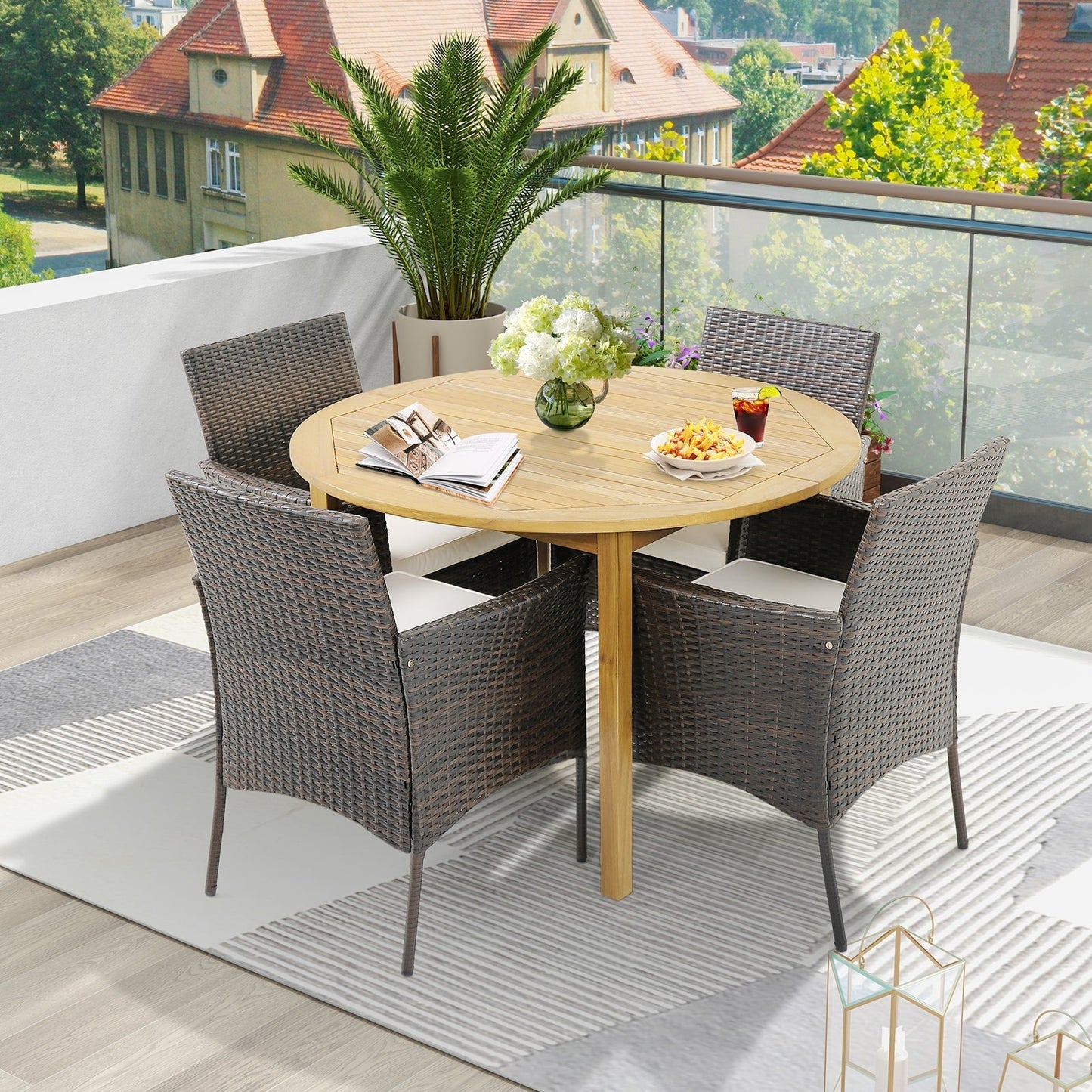 7Pcs Patio Rattan Dining Set with Umbrella Hole - Warm White  - Scratch and Dent