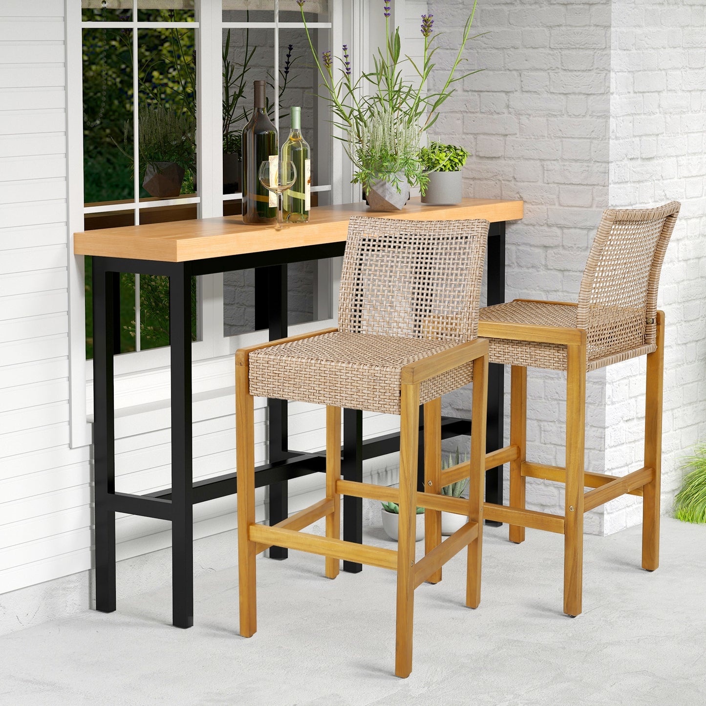 Set of 2 Rattan Patio Wood Barstools Dining Chairs with Backrest