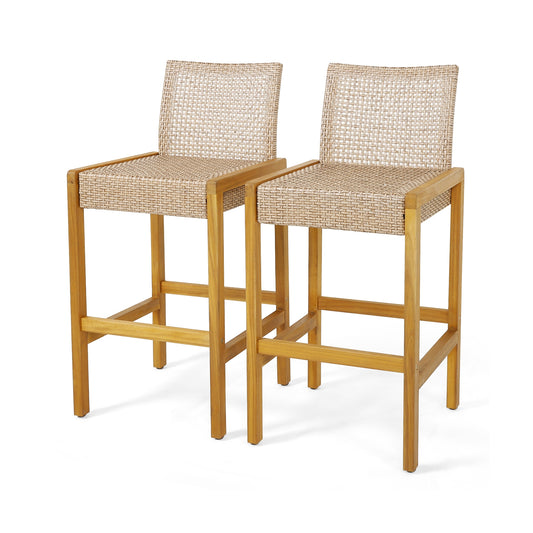 Set of 2 Rattan Patio Wood Barstools Dining Chairs with Backrest