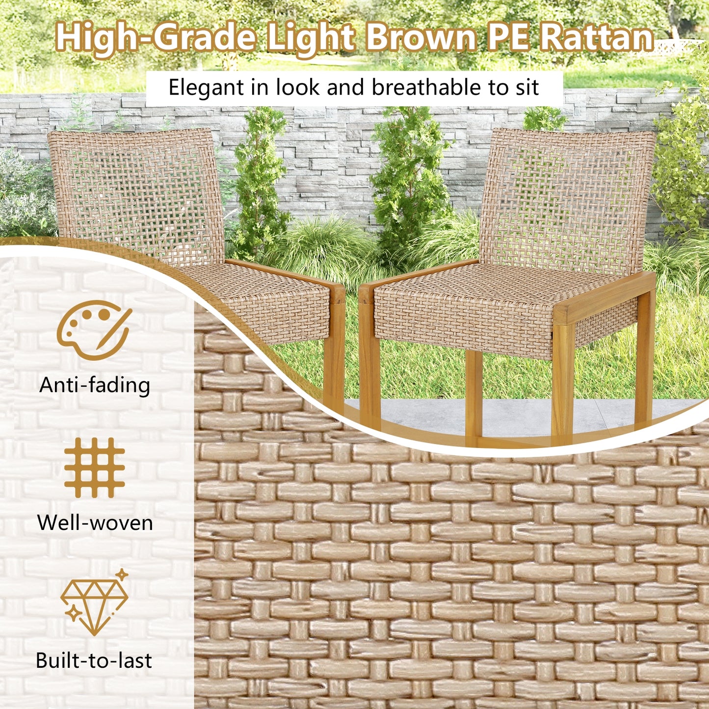 Set of 2 Rattan Patio Wood Barstools Dining Chairs with Backrest