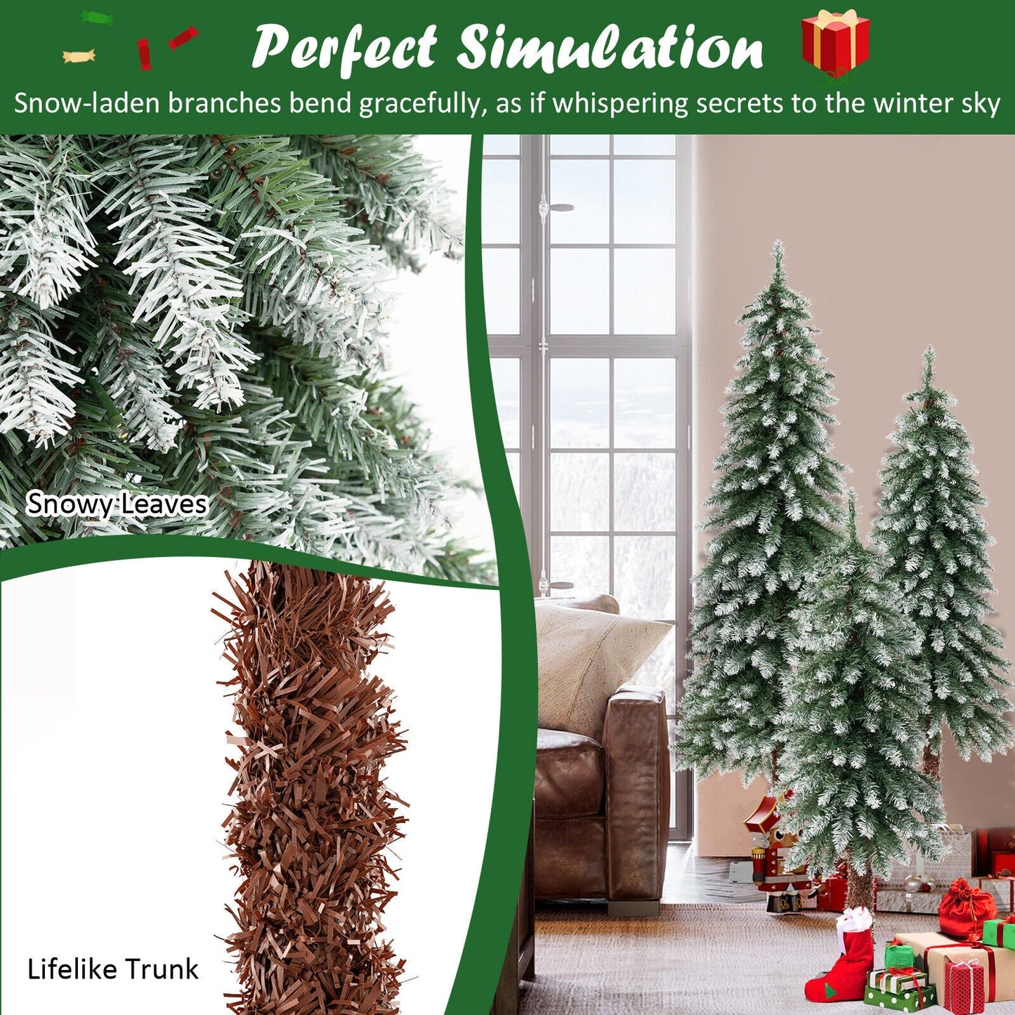 3 Piece Set, Pre-Lit Christmas Tree - Snowy and Slim, 1 box, final sale