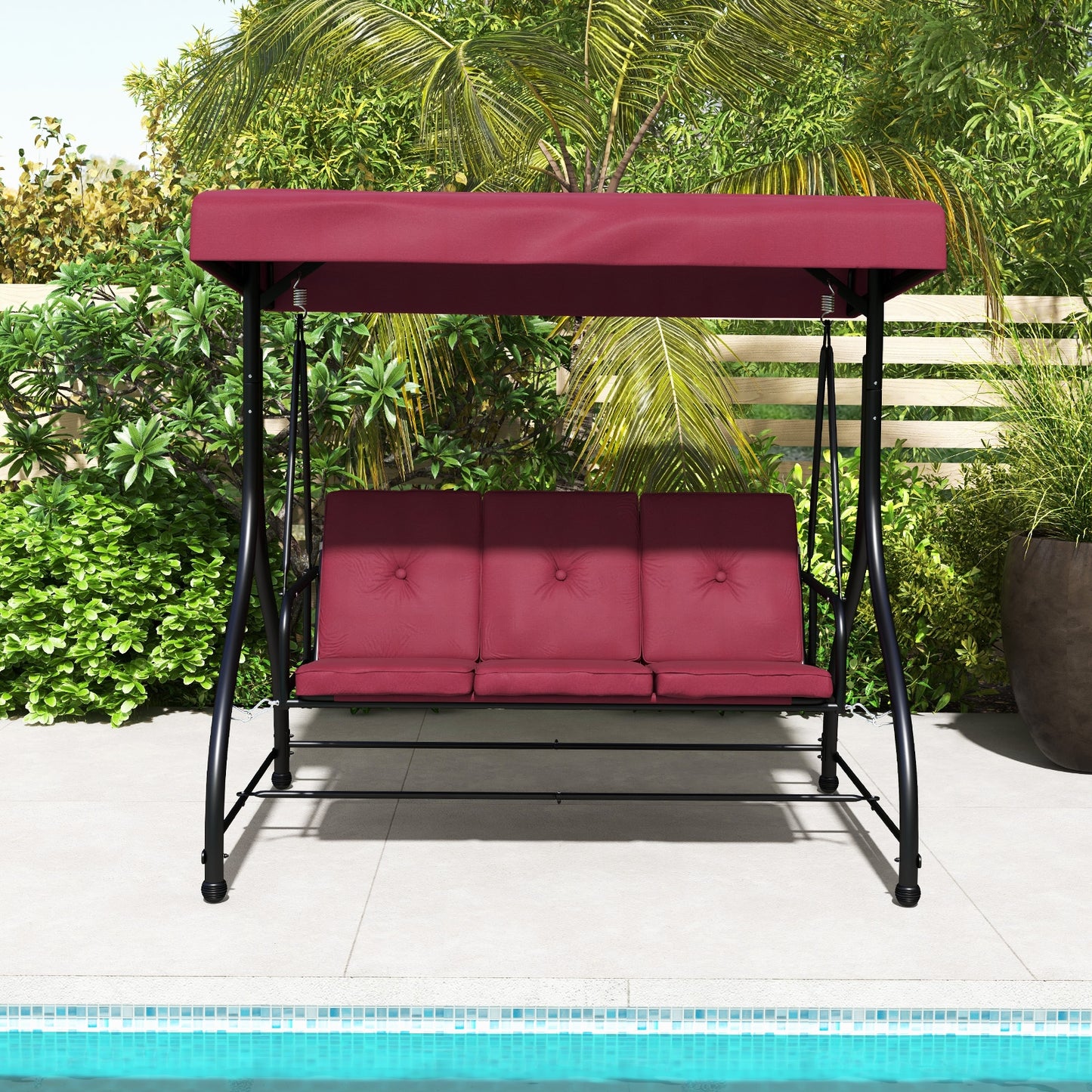3 Seat Outdoor Porch Swing with Adjustable Canopy-Wine, 1 box