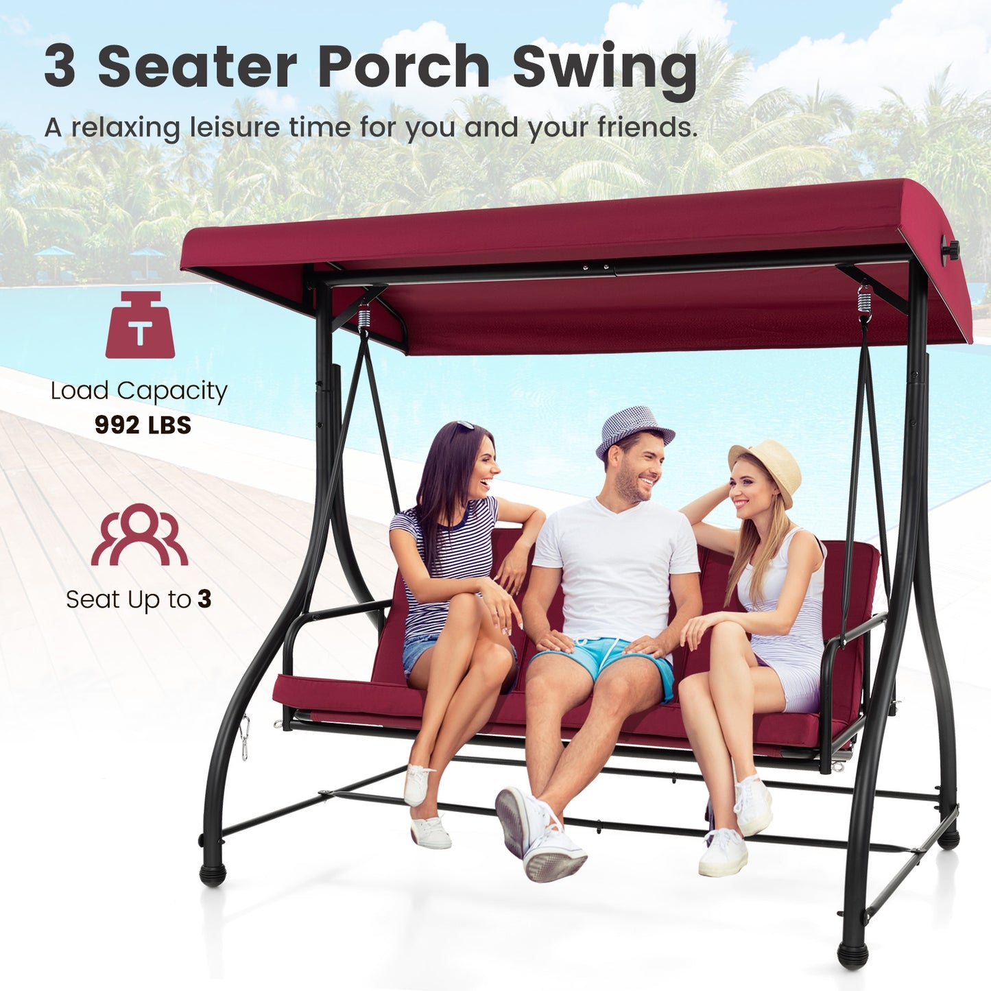 3 Seat Outdoor Porch Swing with Adjustable Canopy-Wine, 1 box
