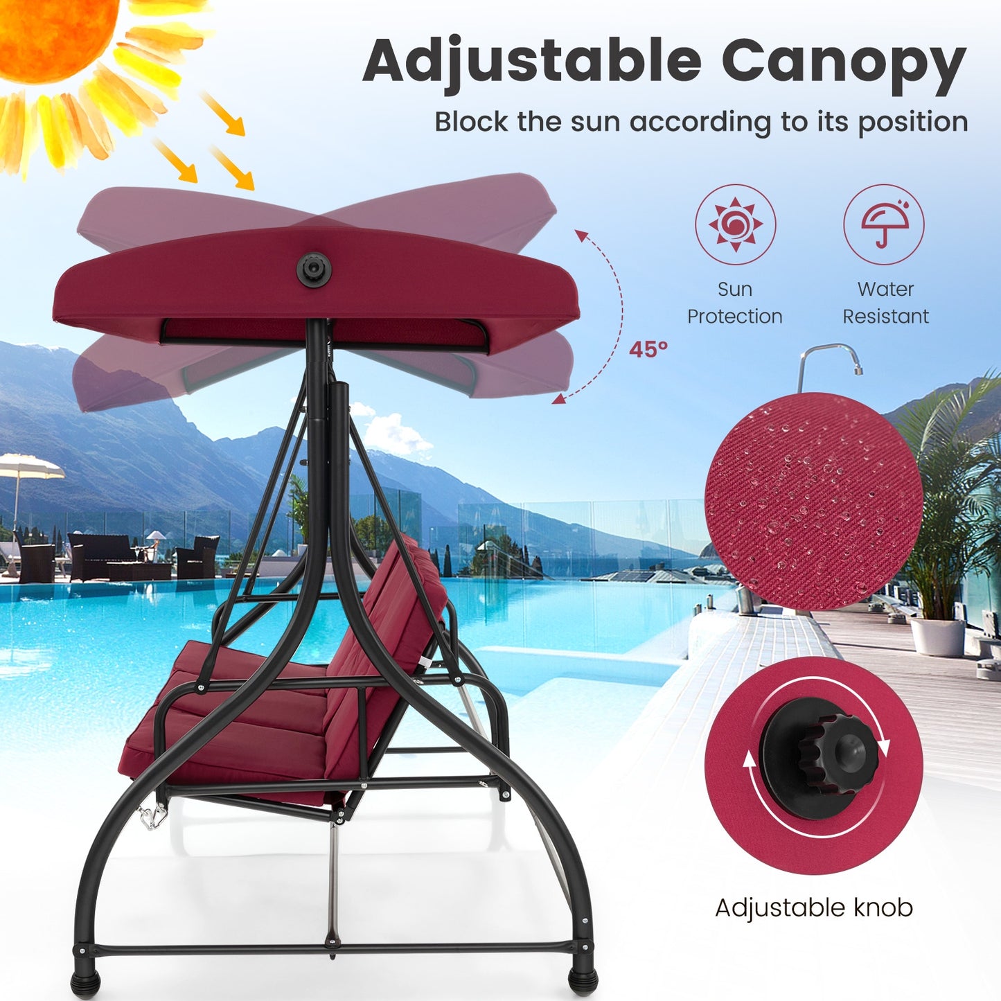 3 Seat Outdoor Porch Swing with Adjustable Canopy-Wine, 1 box