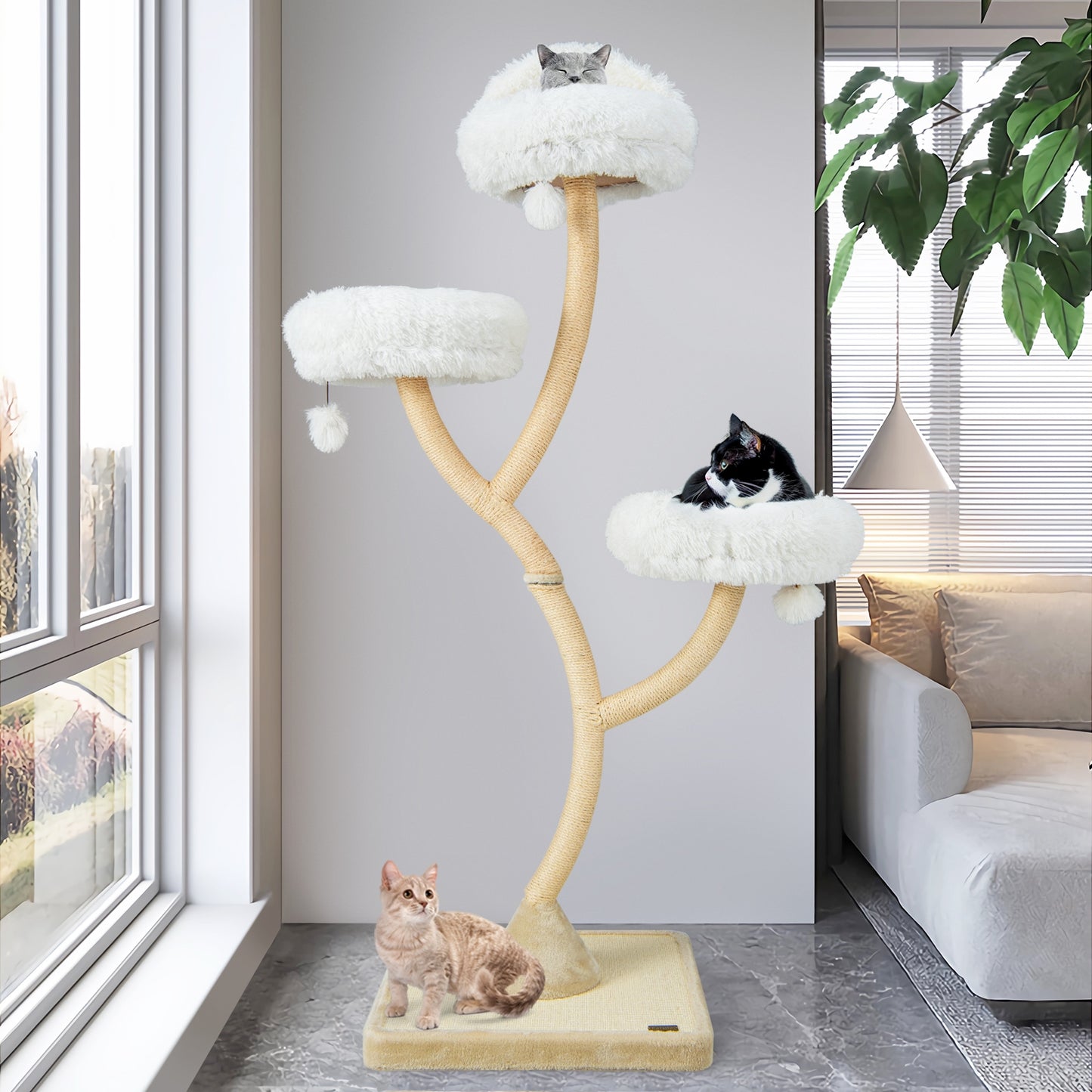 70" Tall Cat Tree 4-Layer Cat Tower with 3 Perches and Dangling Balls- White (Fully Assembled))