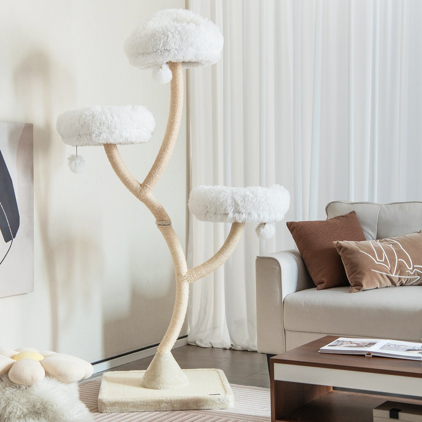 70" Tall Cat Tree 4-Layer Cat Tower with 3 Perches and Dangling Balls- White (Fully Assembled))