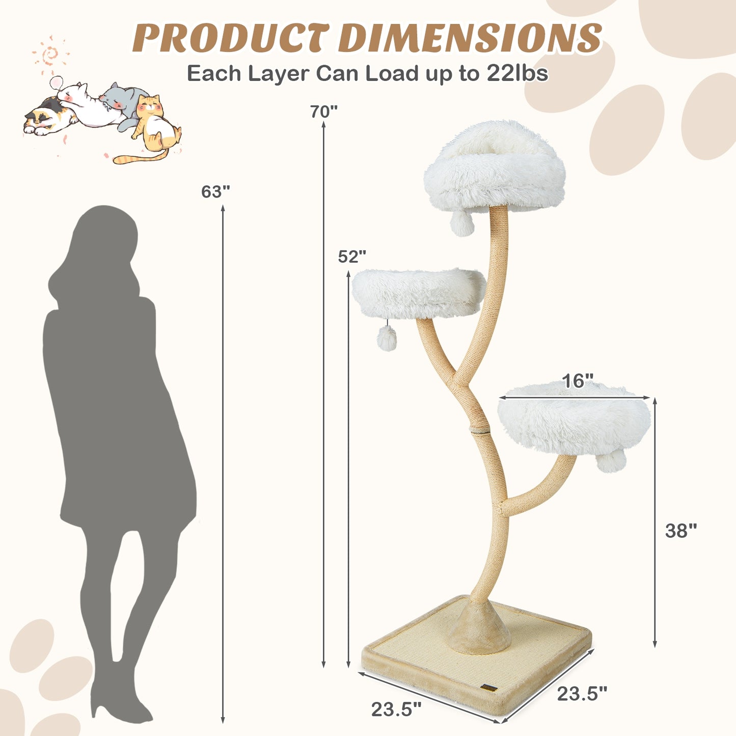 70" Tall Cat Tree 4-Layer Cat Tower with 3 Perches and Dangling Balls- White (Fully Assembled))