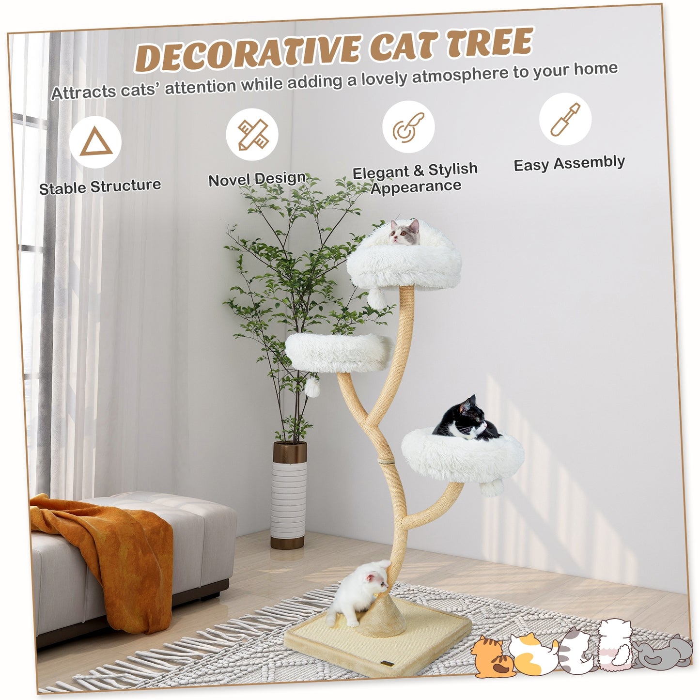 70" Tall Cat Tree 4-Layer Cat Tower with 3 Perches and Dangling Balls- White (Fully Assembled))