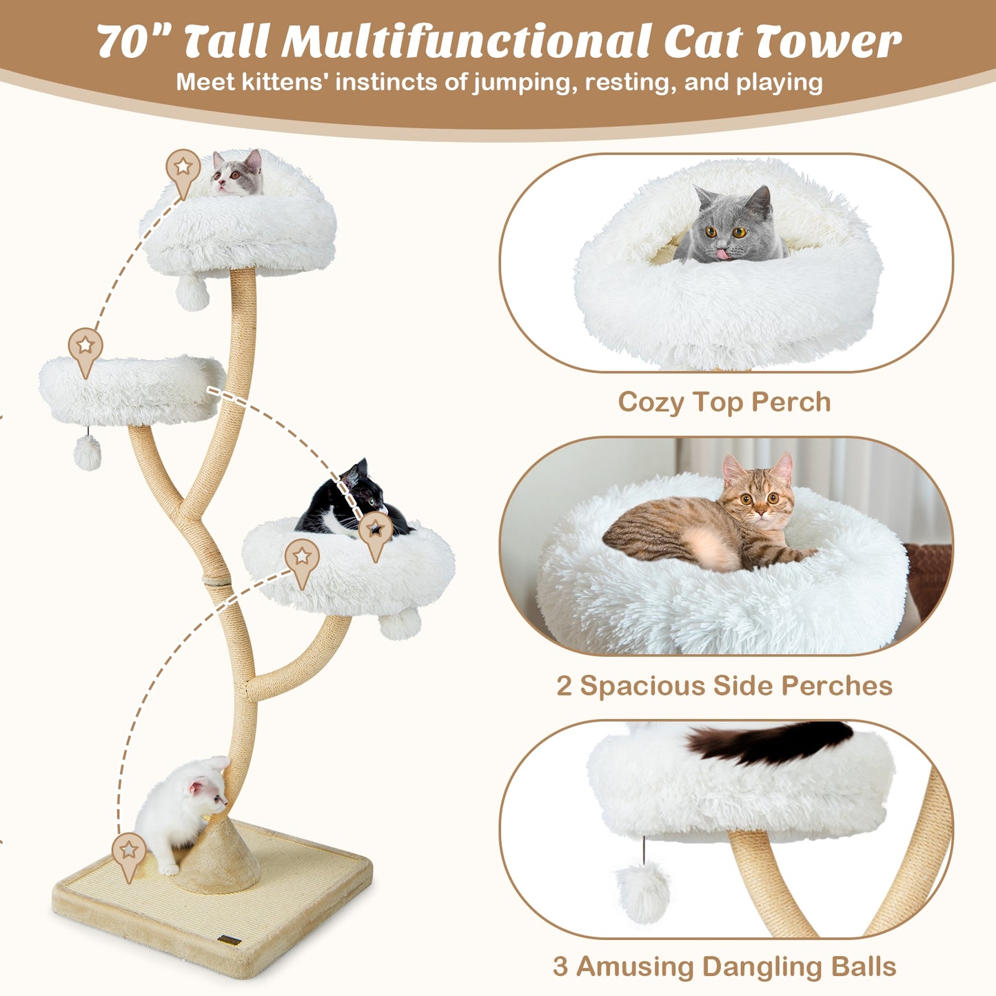 70" Tall Cat Tree 4-Layer Cat Tower with 3 Perches and Dangling Balls- White (Fully Assembled))