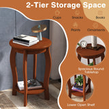 15 Inch 2-Tier Round End Table with Storage Shelf-Walnut