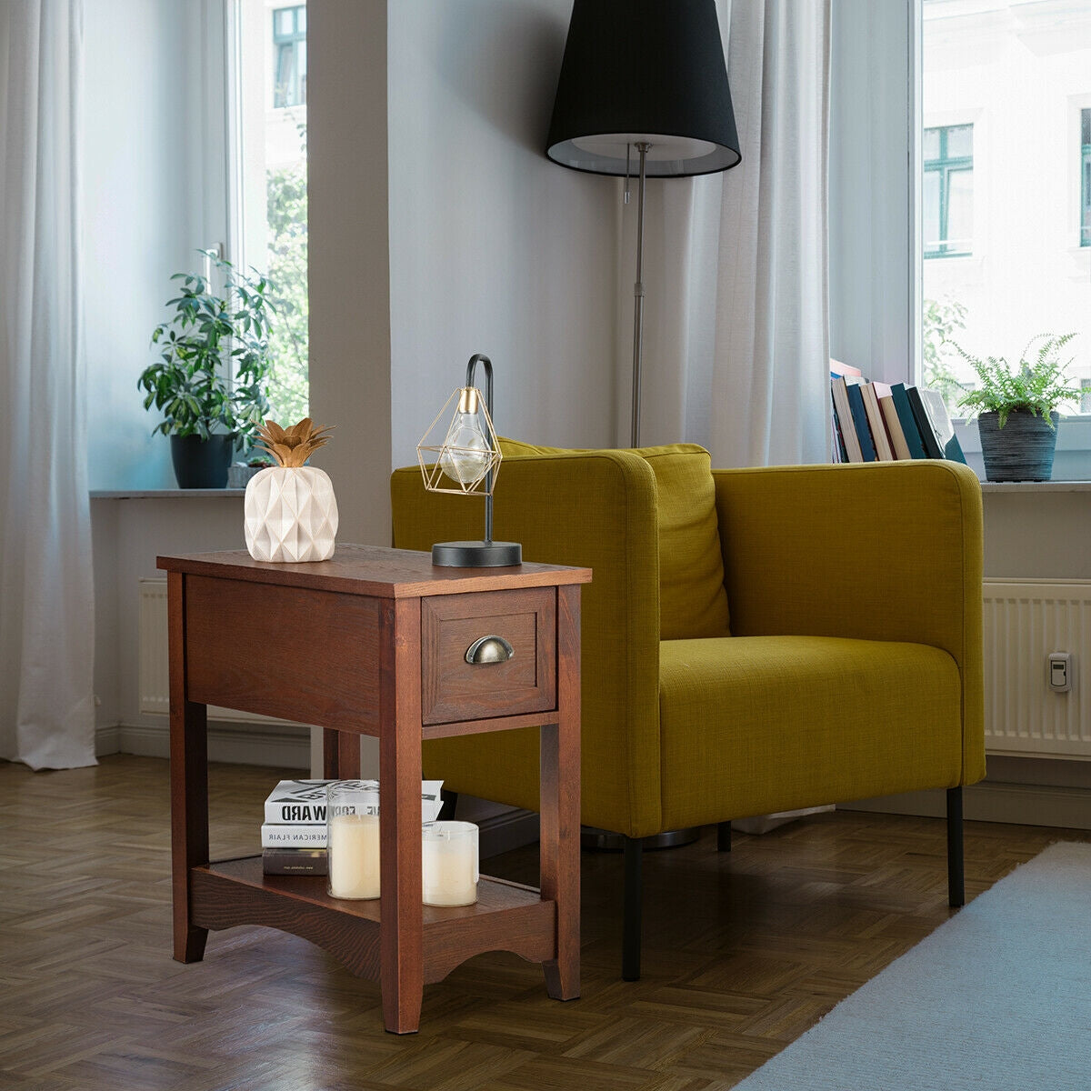 Contemporary Chair Side End Table Compact Table with Drawer Nightstand-Natural (Assembled) [See Description]