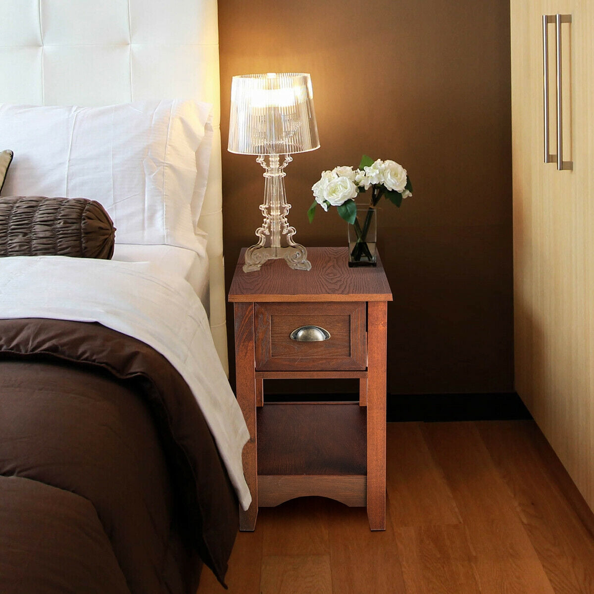 Contemporary Chair Side End Table Compact Table with Drawer Nightstand-Natural (Assembled) [See Description]