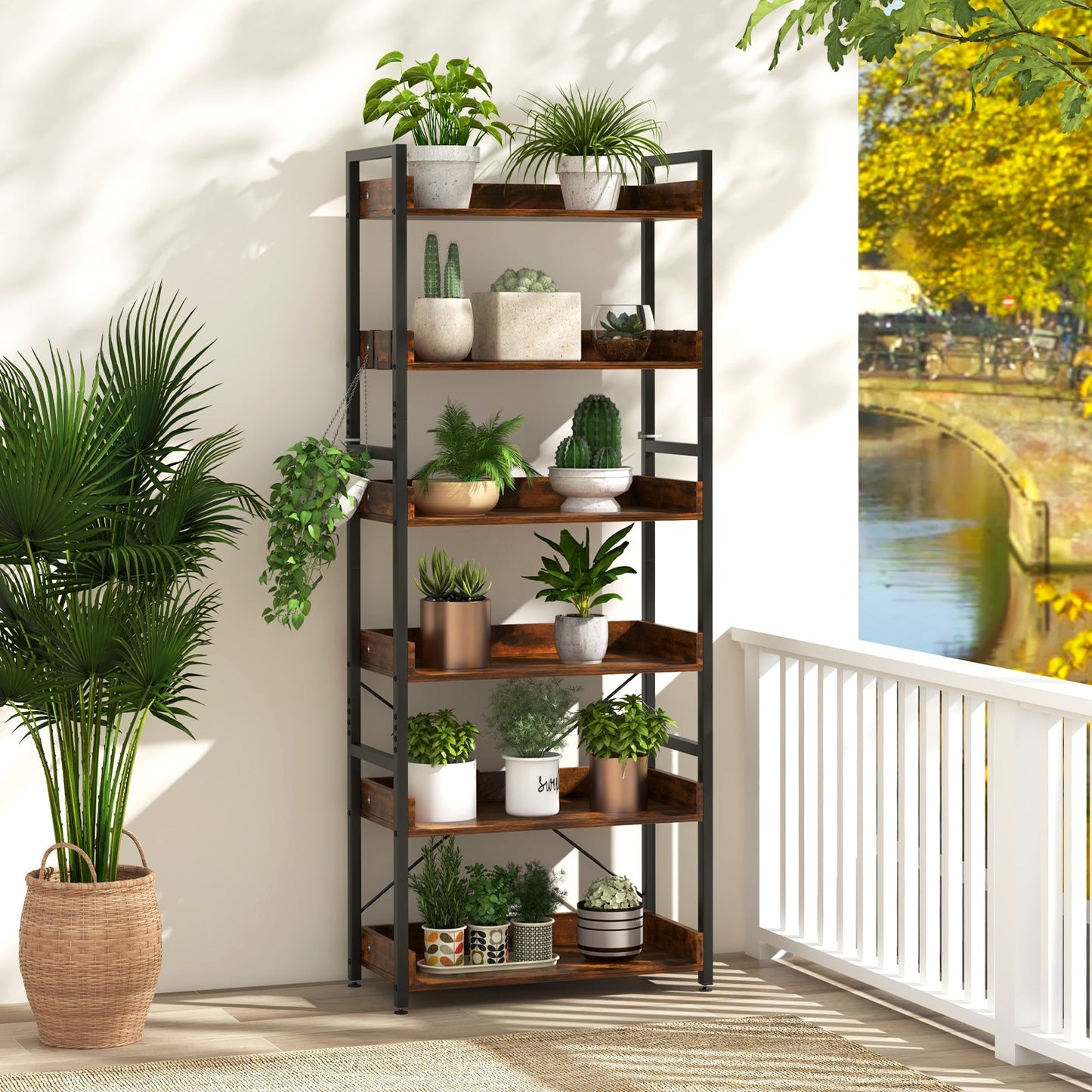 6-Tier Tall Industrial Bookcase with Open Shelves and 4 Hooks-Brown, fully assembled