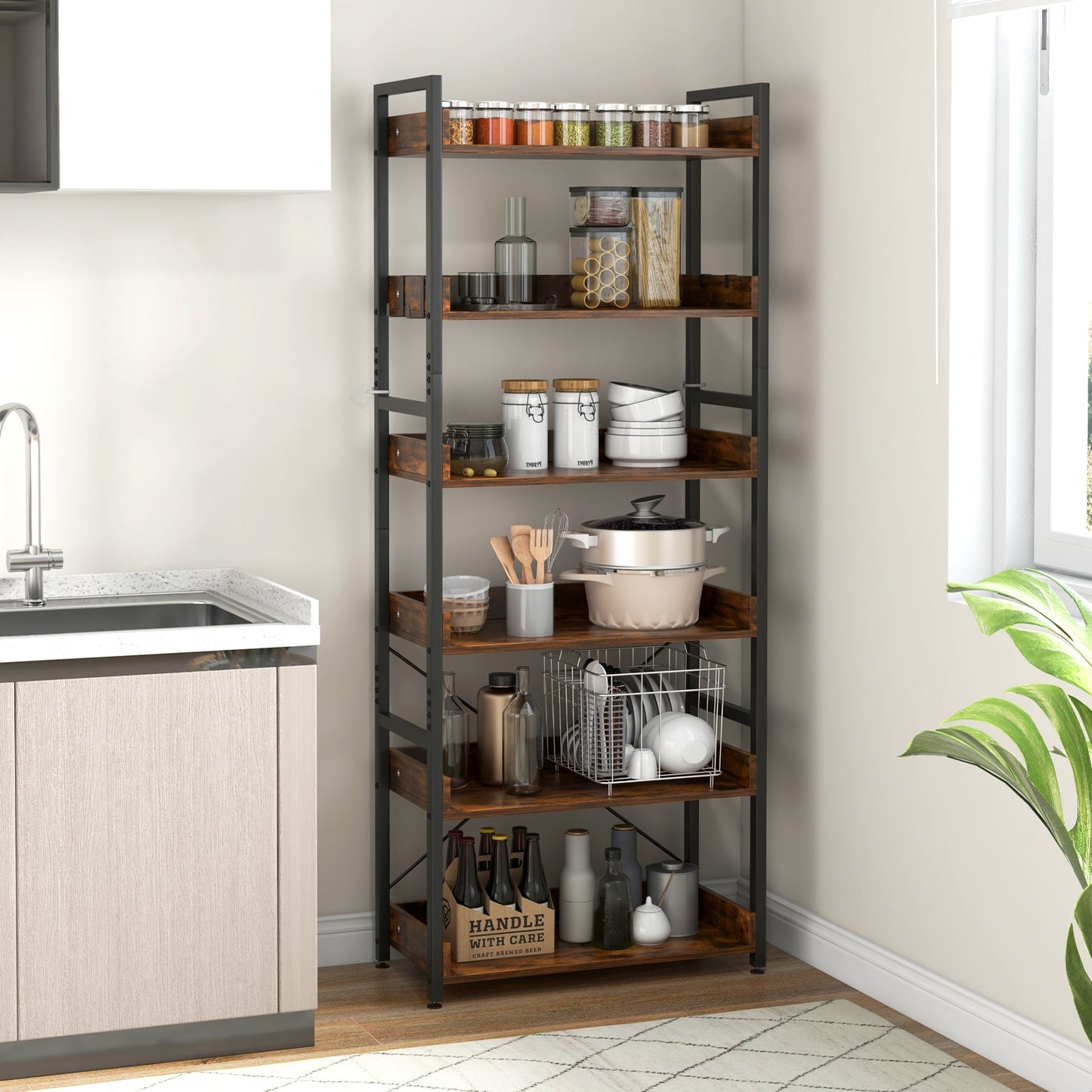 6-Tier Tall Industrial Bookcase with Open Shelves and 4 Hooks-Brown, fully assembled
