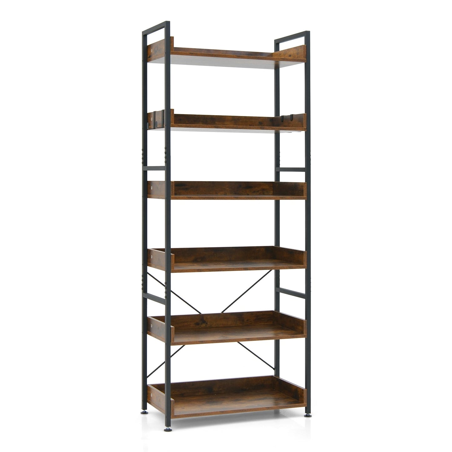 6-Tier Tall Industrial Bookcase with Open Shelves and 4 Hooks-Brown, fully assembled